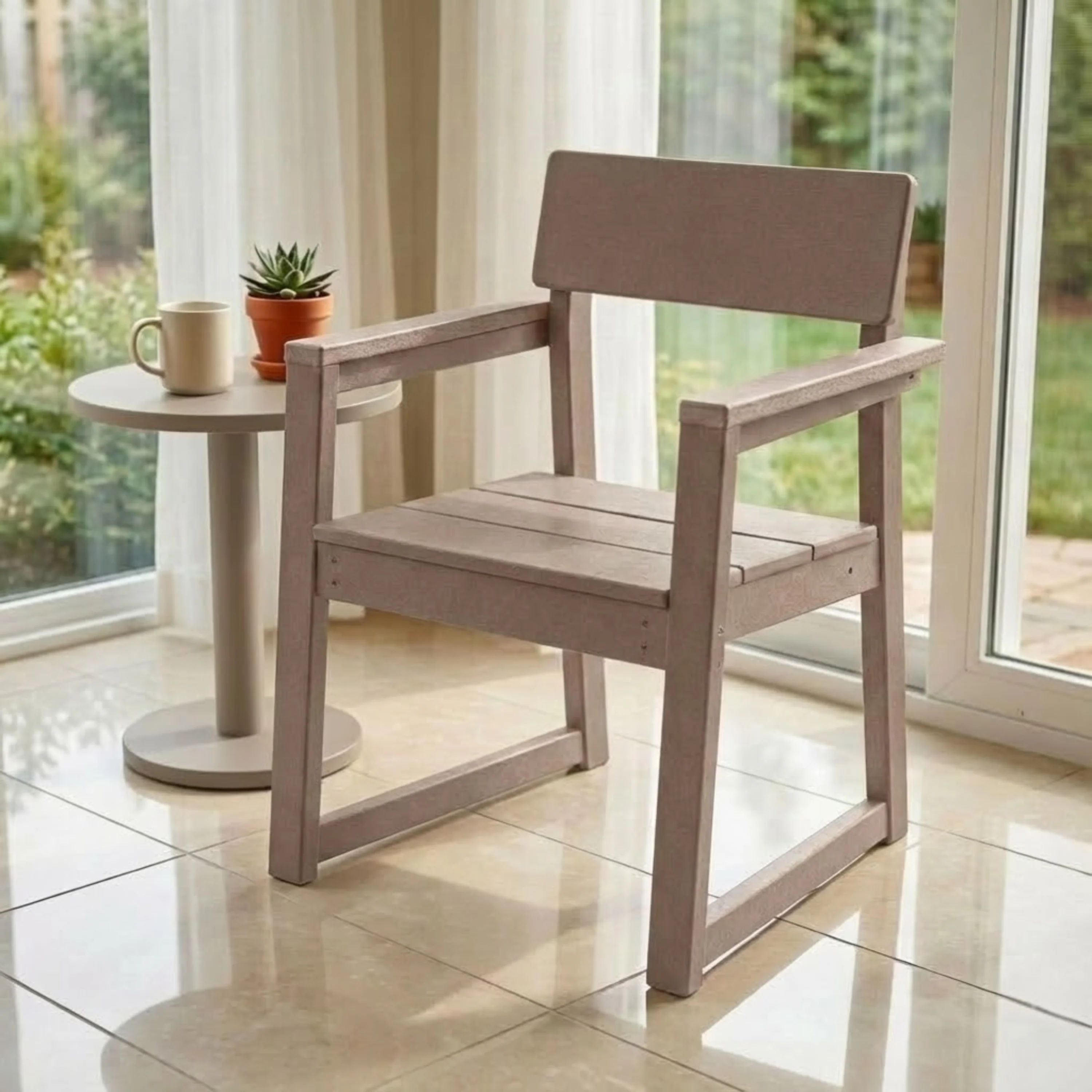 Antique Wood Color HDPE Outdoor & Garden Armchairs with Backrest - Image 2