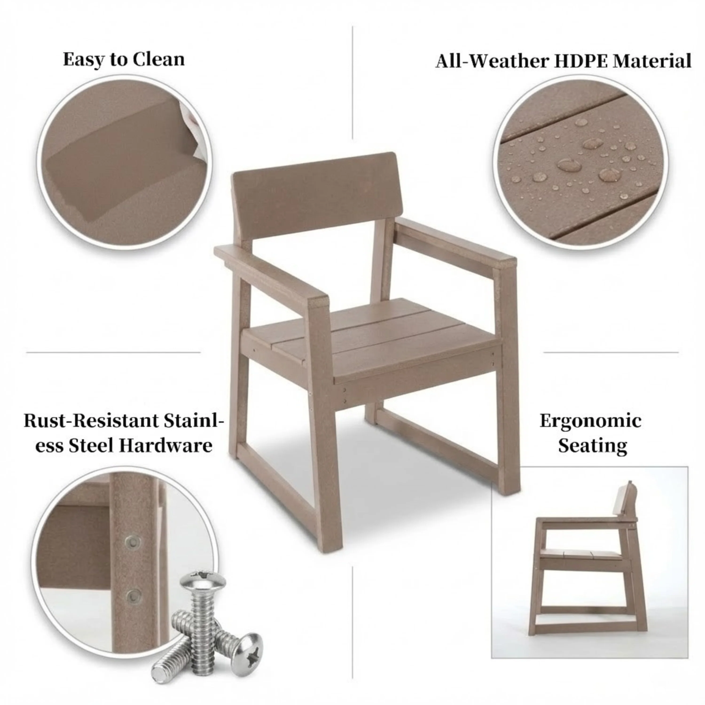 Antique Wood Color HDPE Outdoor & Garden Armchairs with Backrest - Image 3
