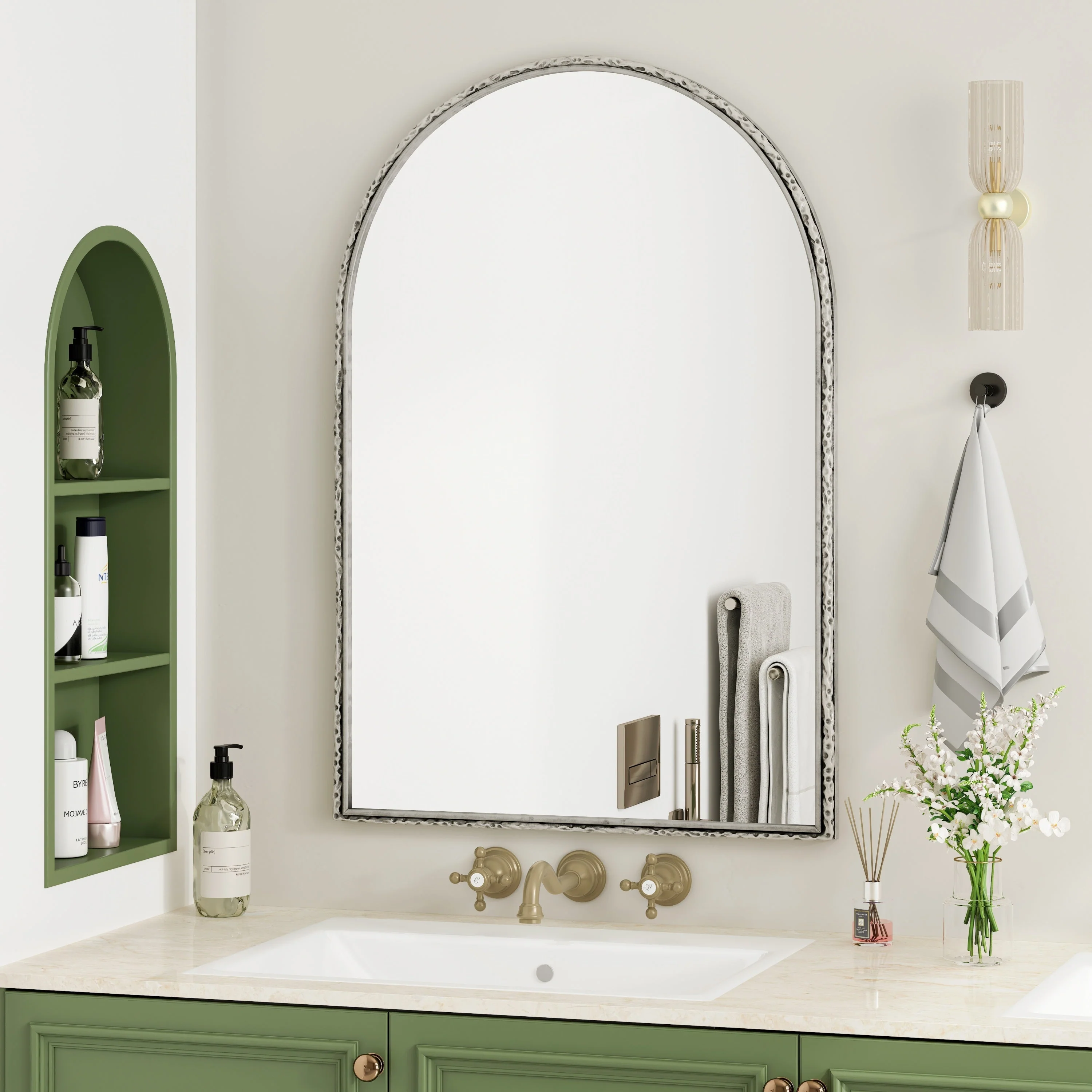 Arched Silver Wall Mirror with Tempered Glass Metal Frame - Image 4
