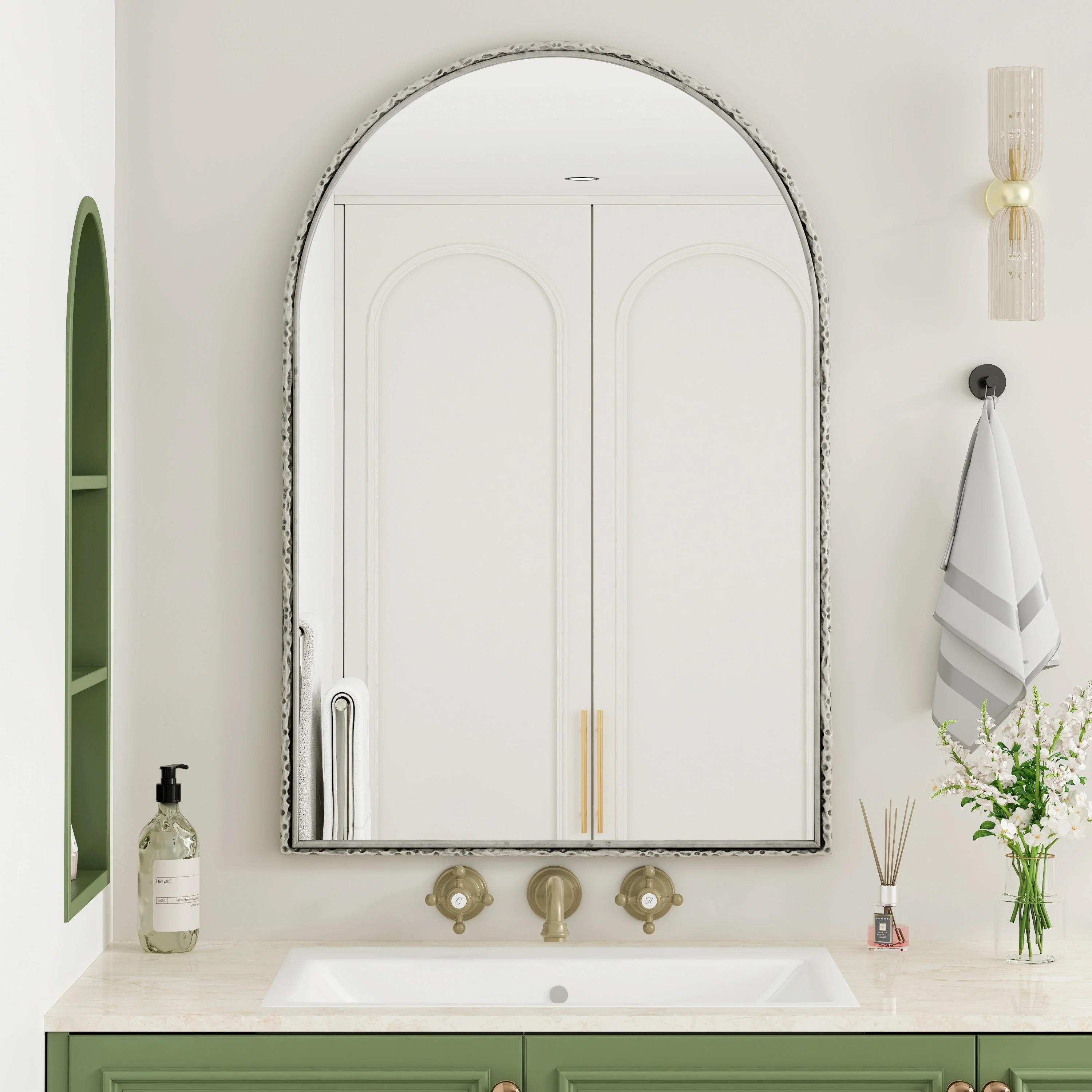Arched Silver Wall Mirror with Tempered Glass Metal Frame - Image 5