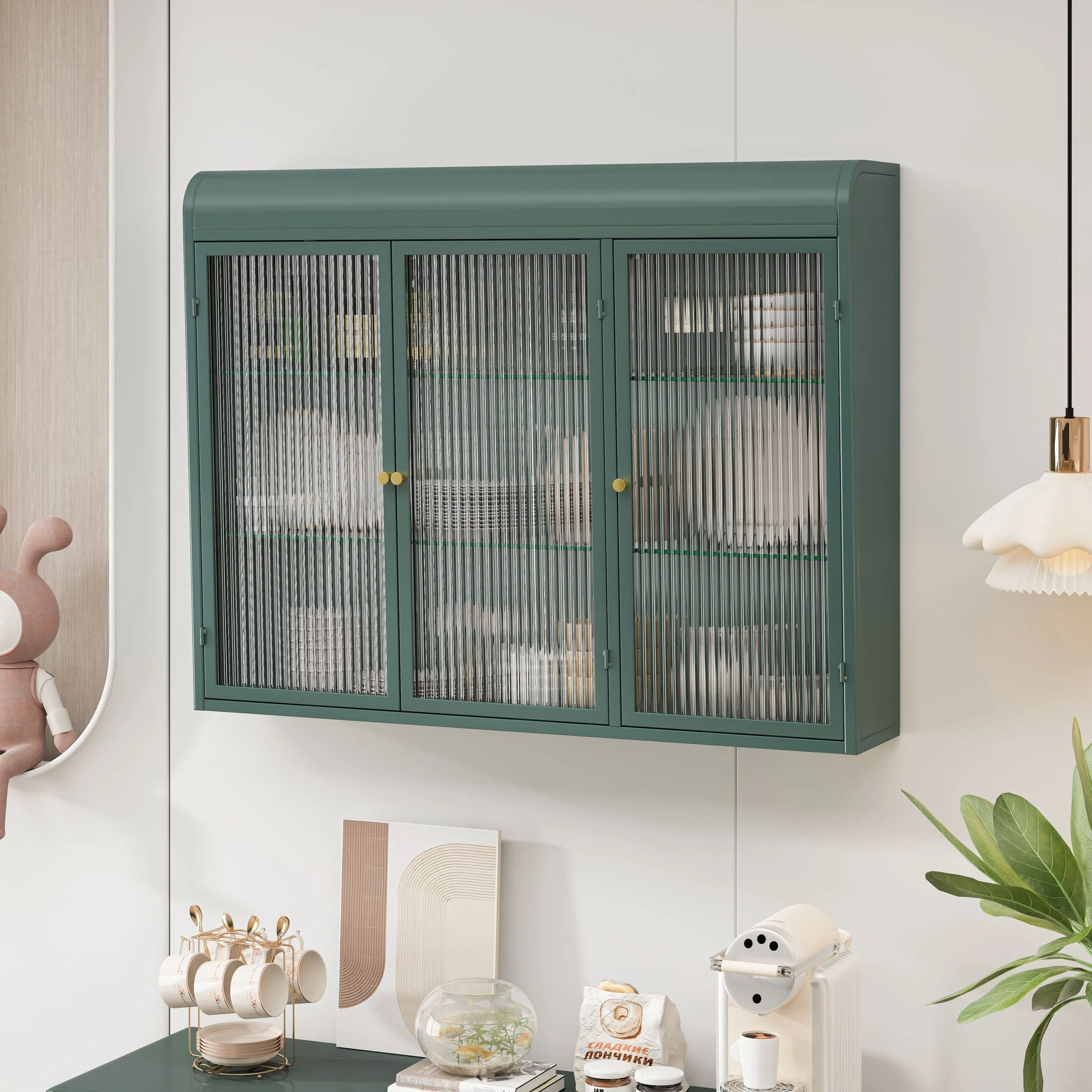 Arched Wall Mounted Cabinet, 3 Door Storage For Kitchen - Dark Green - Image 2