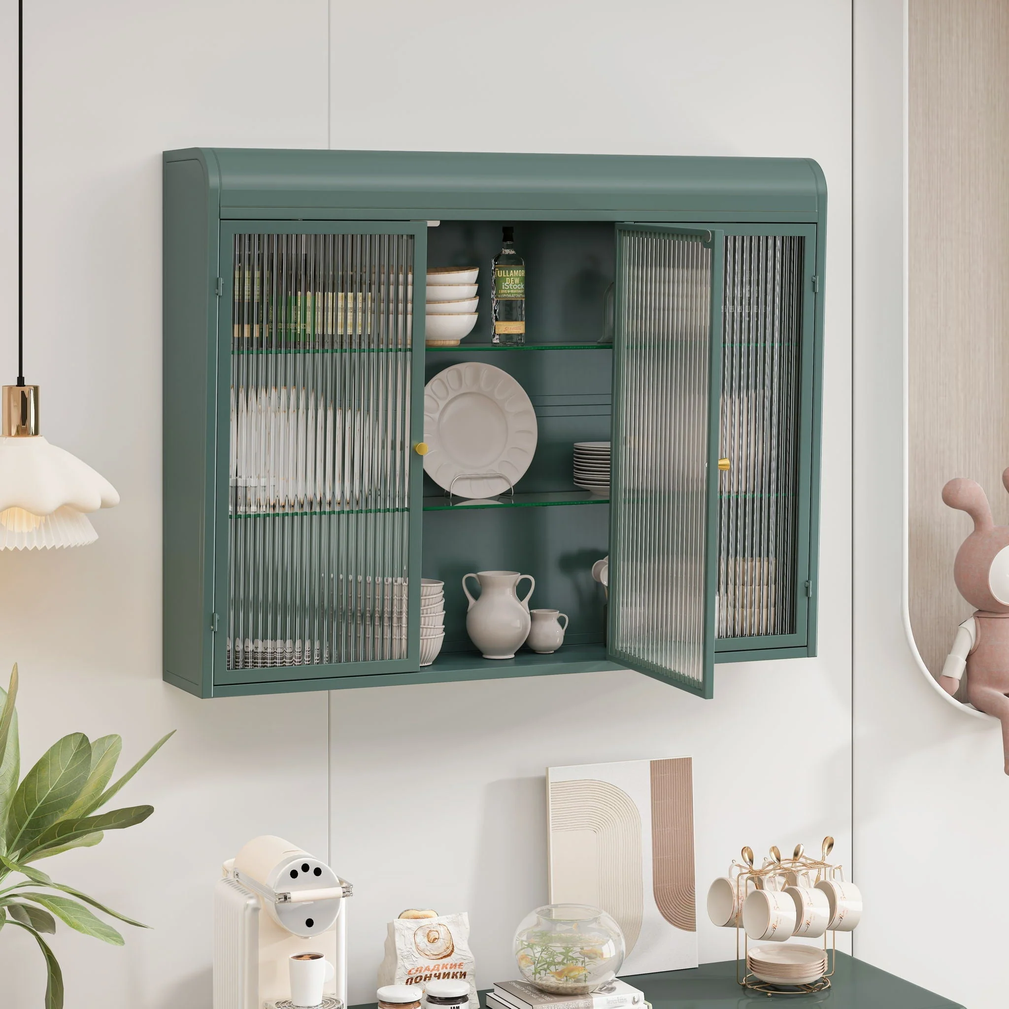 Arched Wall Mounted Cabinet, 3 Door Storage For Kitchen - Dark Green - Image 3