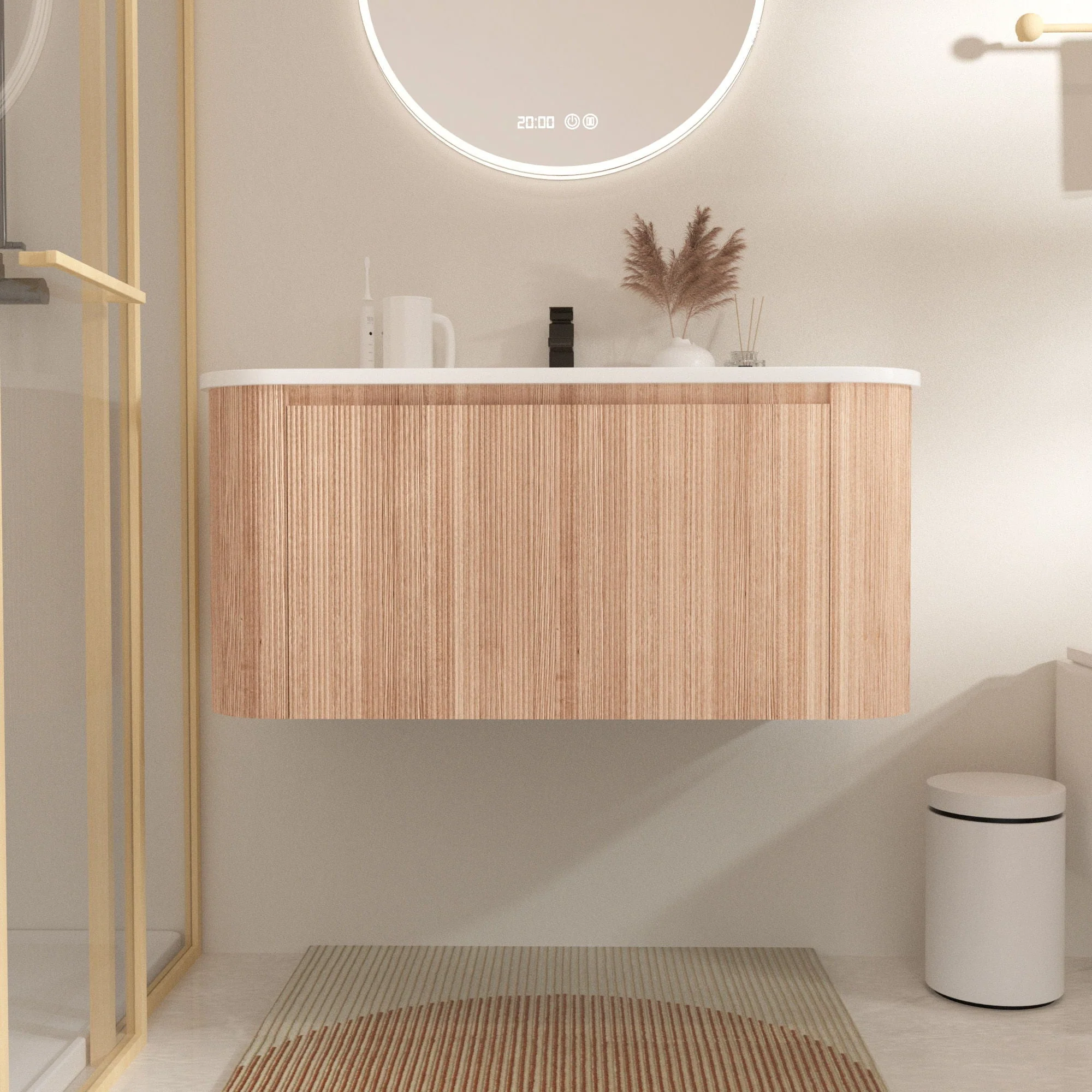 Arcora - Wall Mounted Bathroom Vanity With Curved Design - Natural Wood - Image 2