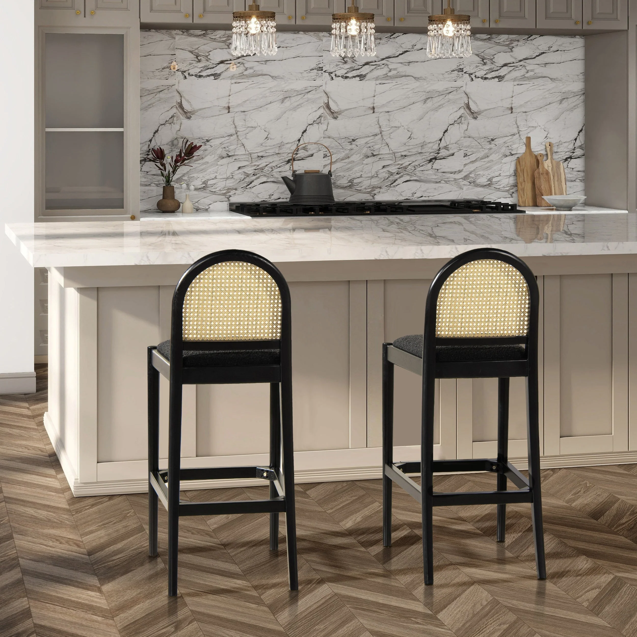 Arlin Upholstered Stool with Curved Back and Footrest - Set of 2 - Image 3
