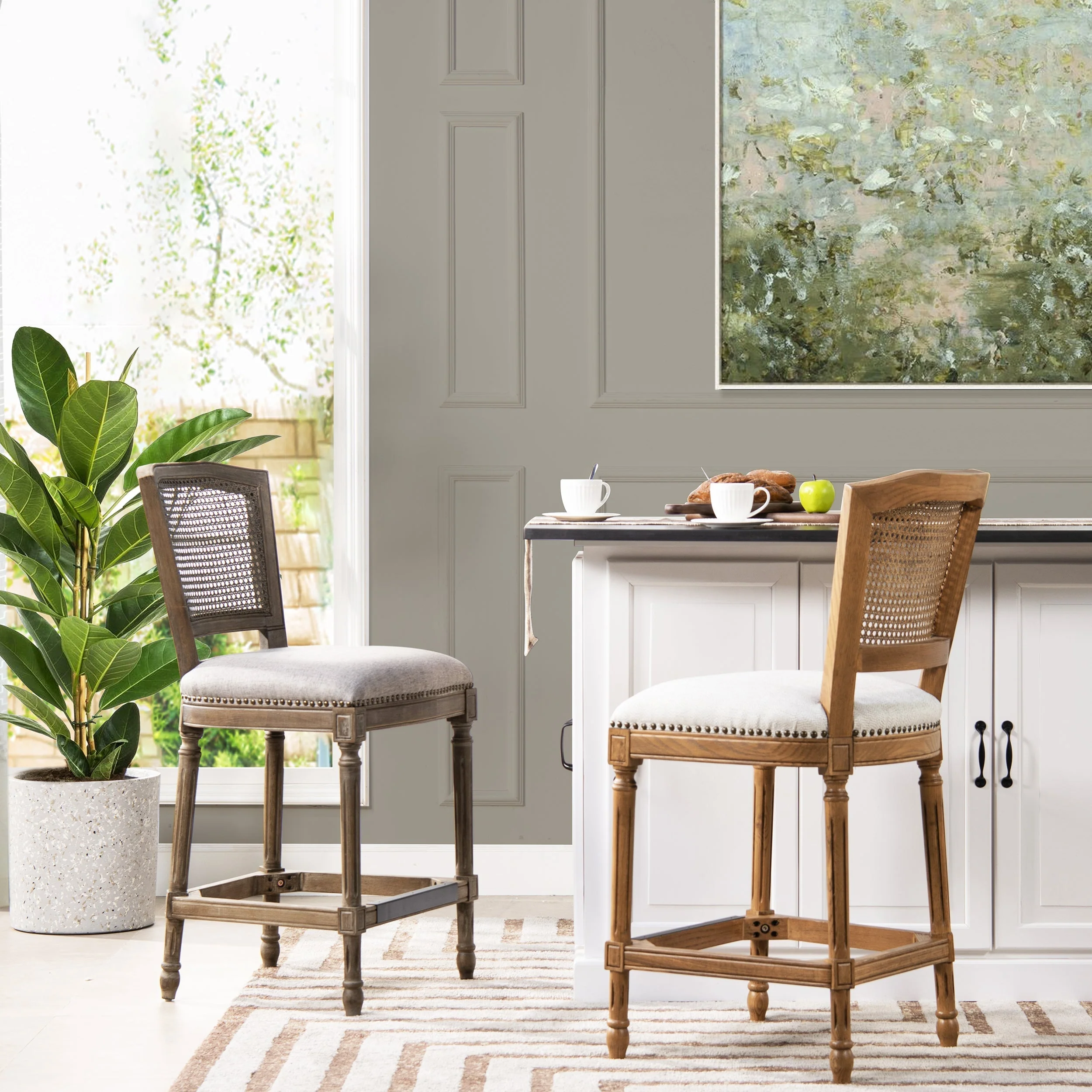 Armless Bar Stool with Nailhead Trim and Rattan High Back - Image 2