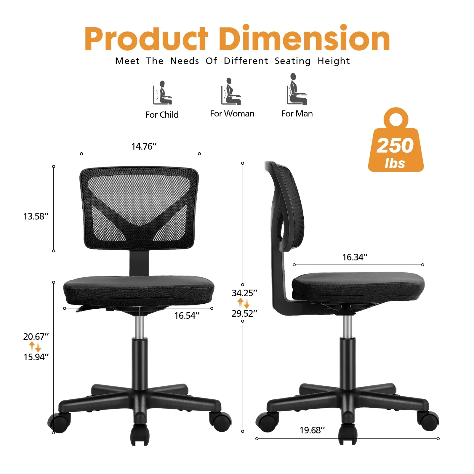 Armless Mesh Office Chair Low Back Adjustable Height Swivel Computer Chair - Image 3