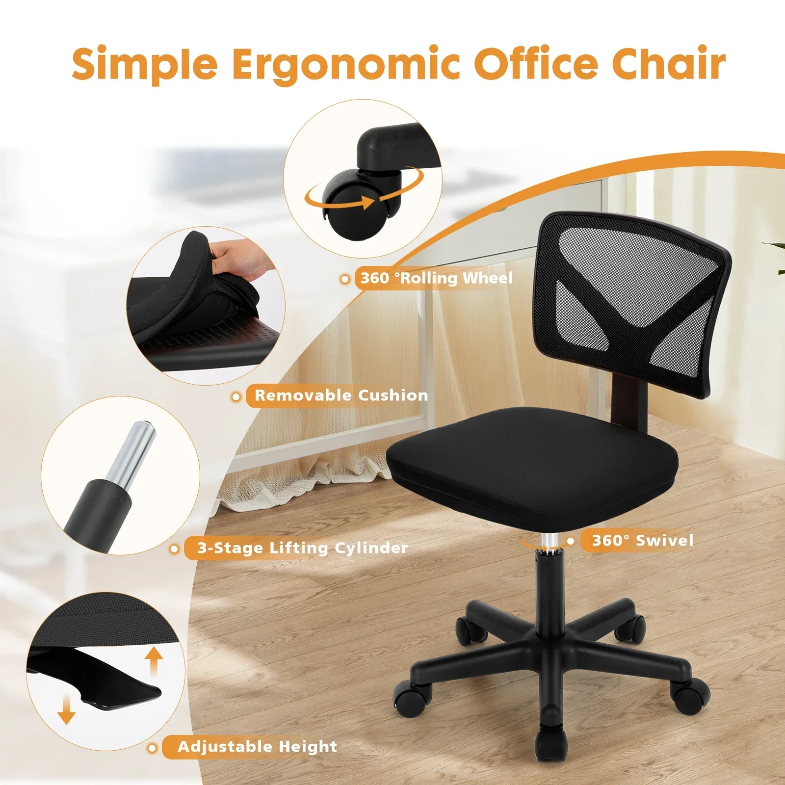Armless Mesh Office Chair Low Back Adjustable Height Swivel Computer Chair - Image 5