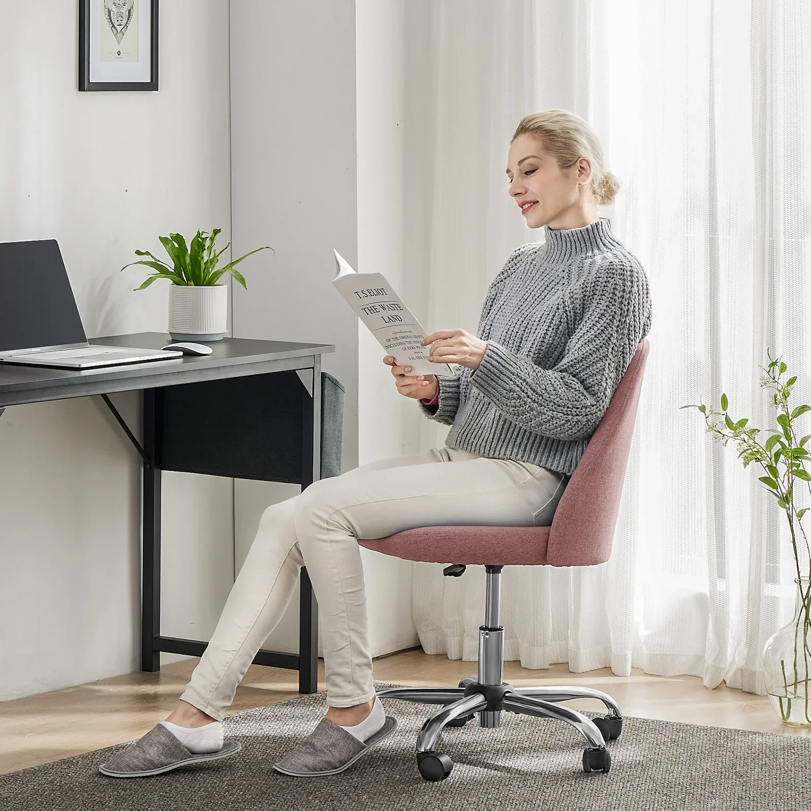Armless Small Desk Office Chair Swivel Vanity Task Chair with Back and Wheels - Image 2