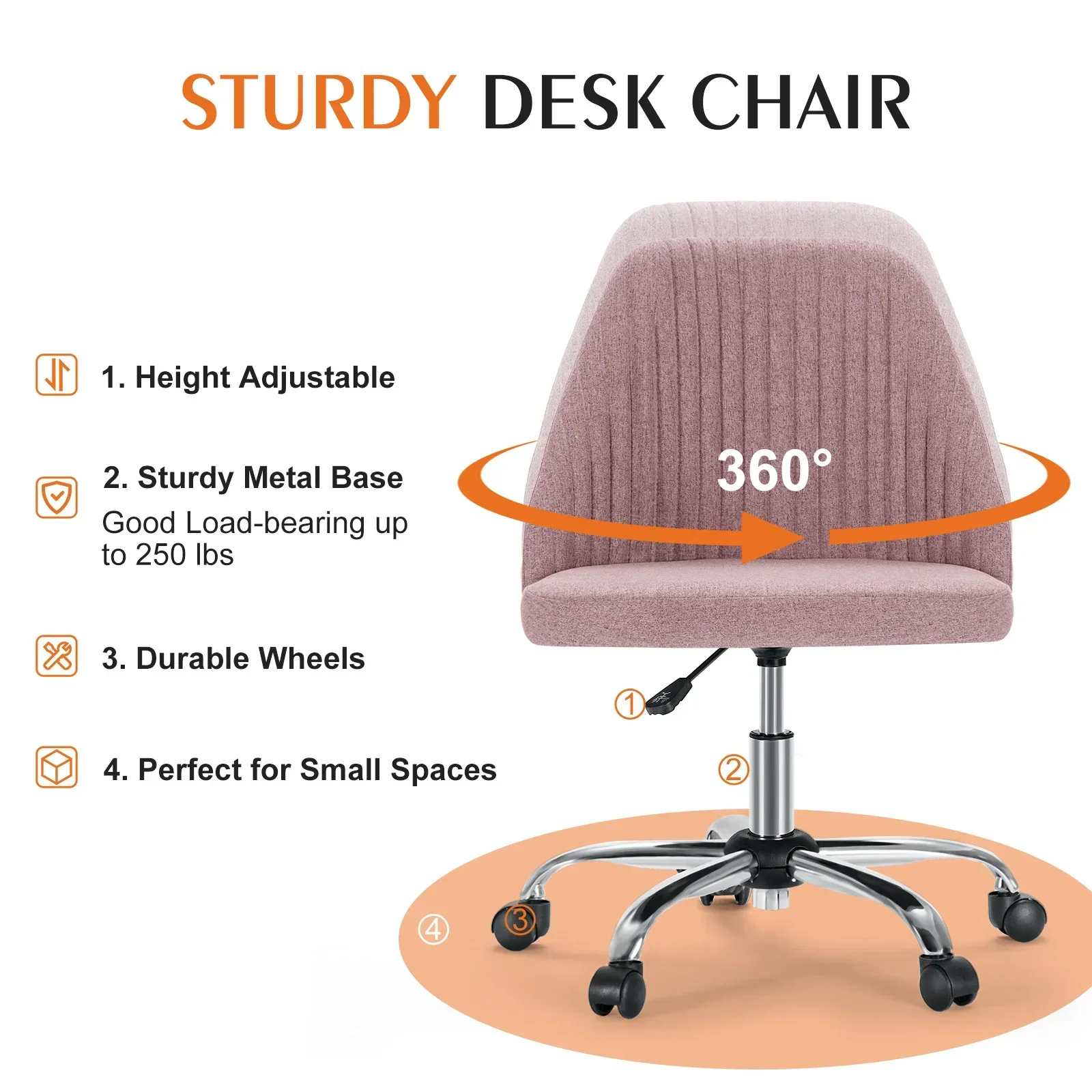 Armless Small Desk Office Chair Swivel Vanity Task Chair with Back and Wheels - Image 4