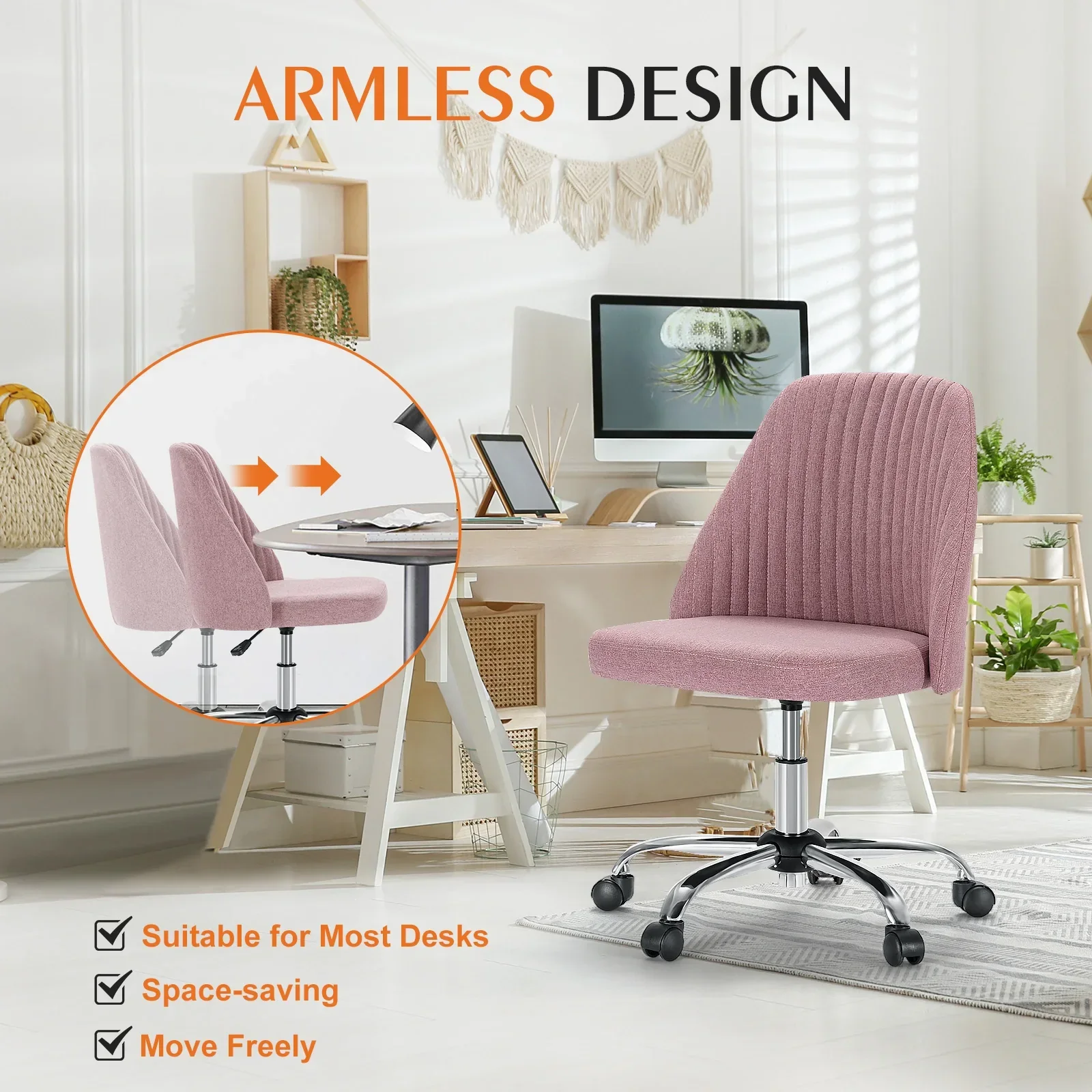 Armless Small Desk Office Chair Swivel Vanity Task Chair with Back and Wheels - Image 6
