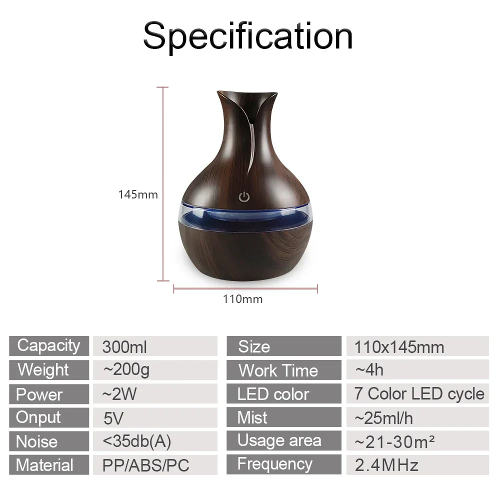 Aromatherapy Diffuser 300ml Cool Mist Humidifier 7-Color LED USB Rechargeable - Image 4