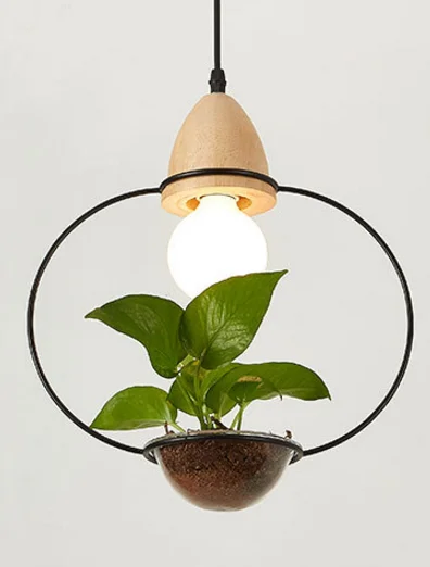 Art Deco LED Plant Pendant Light Wood Base Rustic Hanging Lamp for Dining Cafe Bar - Image 5