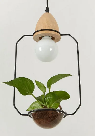 Art Deco LED Plant Pendant Light Wood Base Rustic Hanging Lamp for Dining Cafe Bar - Image 7