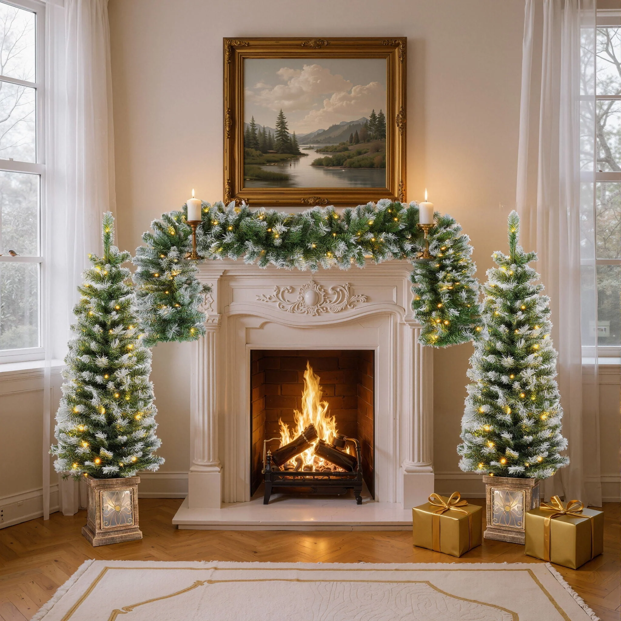 Artificial Christmas 3 Piece Set Wreath And 2 Entrance Trees With LED Lights - White / Green - Image 2