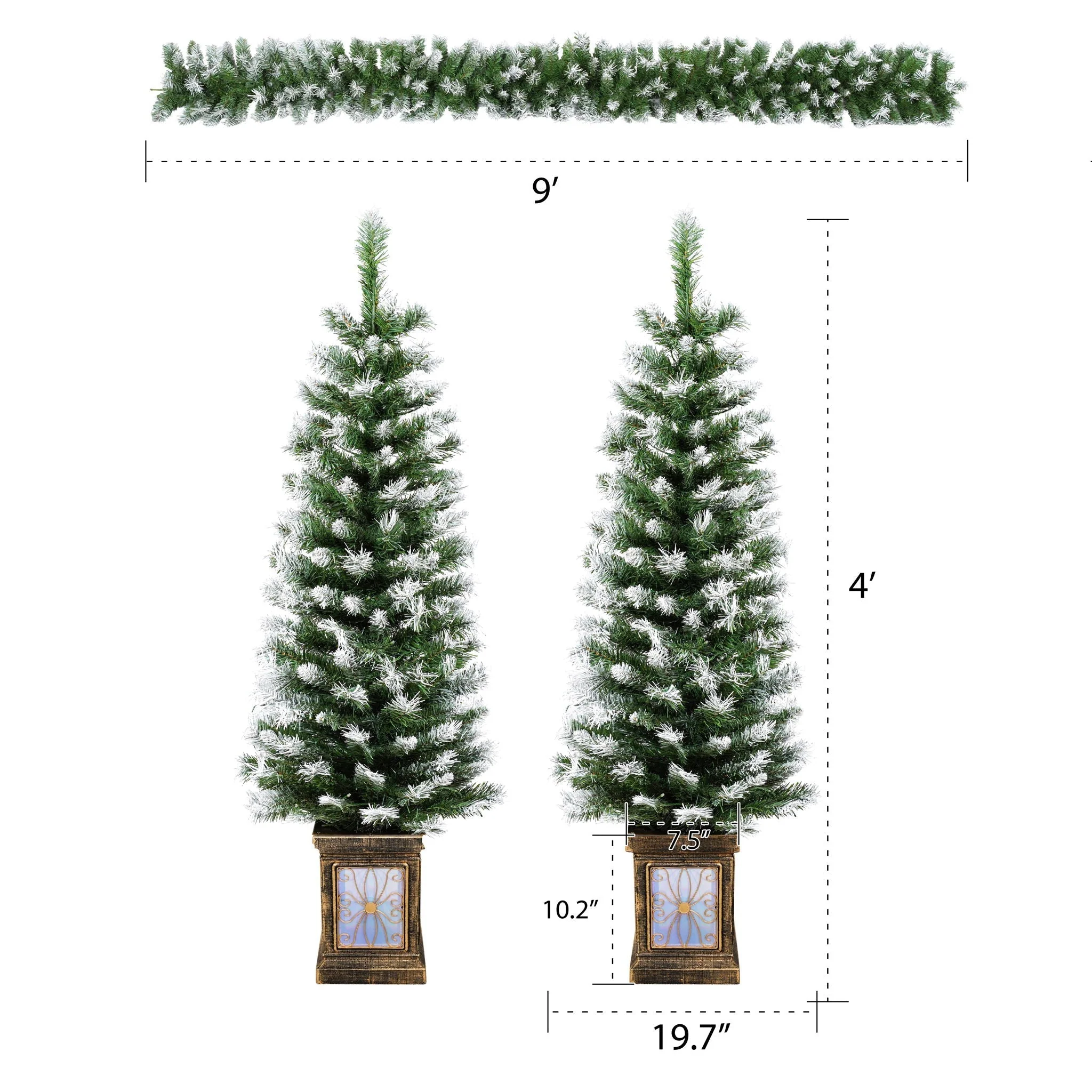 Artificial Christmas 3 Piece Set Wreath And 2 Entrance Trees With LED Lights - White / Green - Image 4