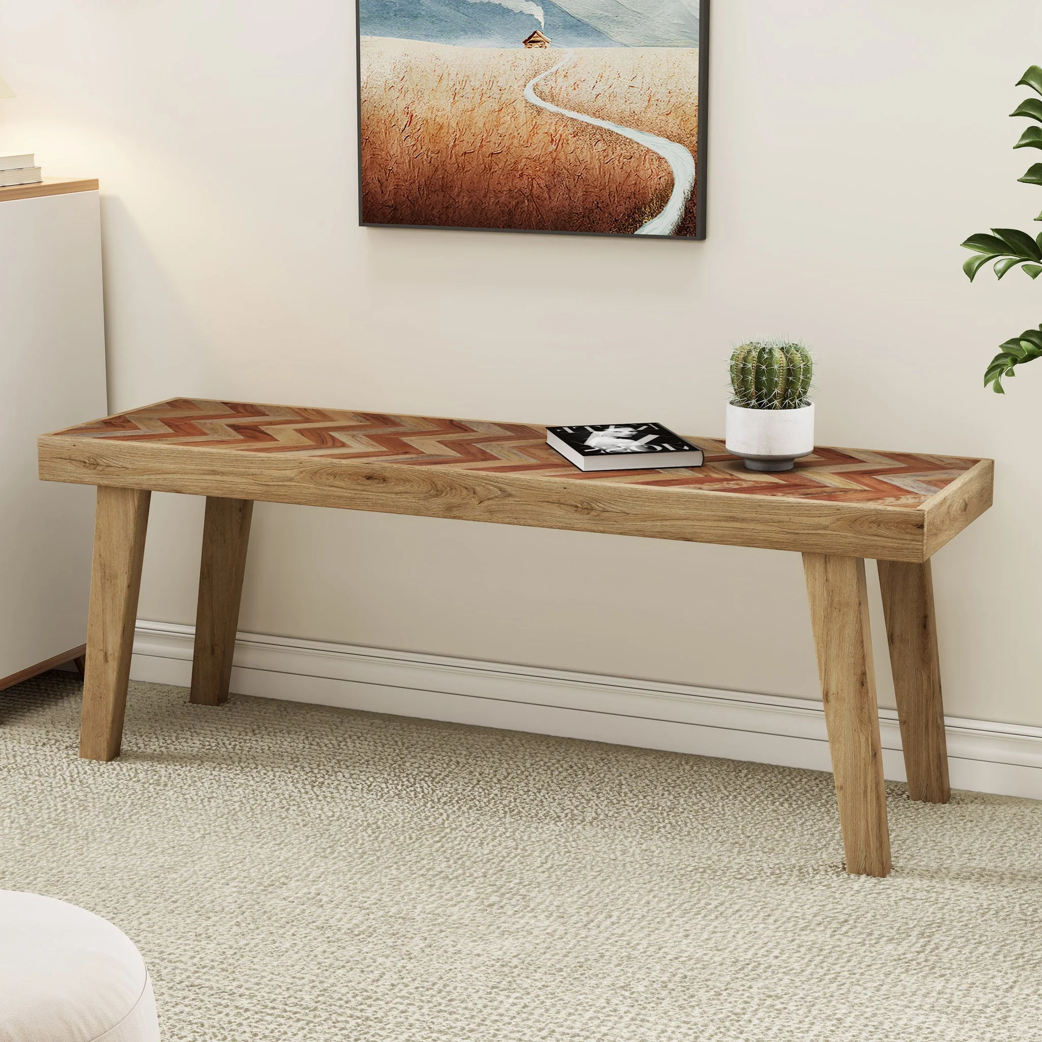 Artisan Handcrafted Mango Wood Bench Rustic Boho Style - Natural - Image 4
