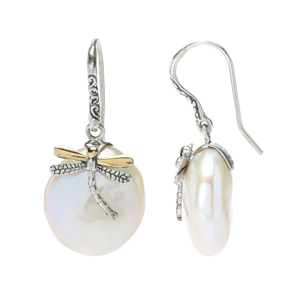 Artisan Silver by Samuel B. 18K Gold Accented Dragonfly Baroque Pearl Earrings - Image 2