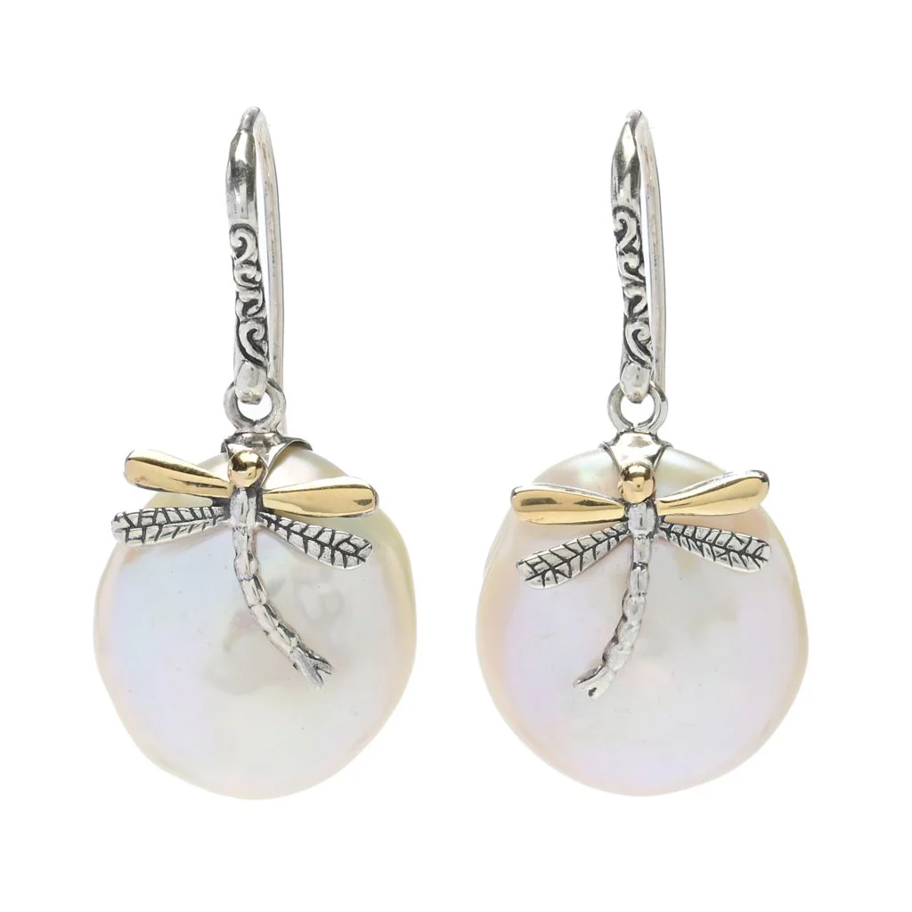 Artisan Silver by Samuel B. 18K Gold Accented Dragonfly Baroque Pearl Earrings - Image 3
