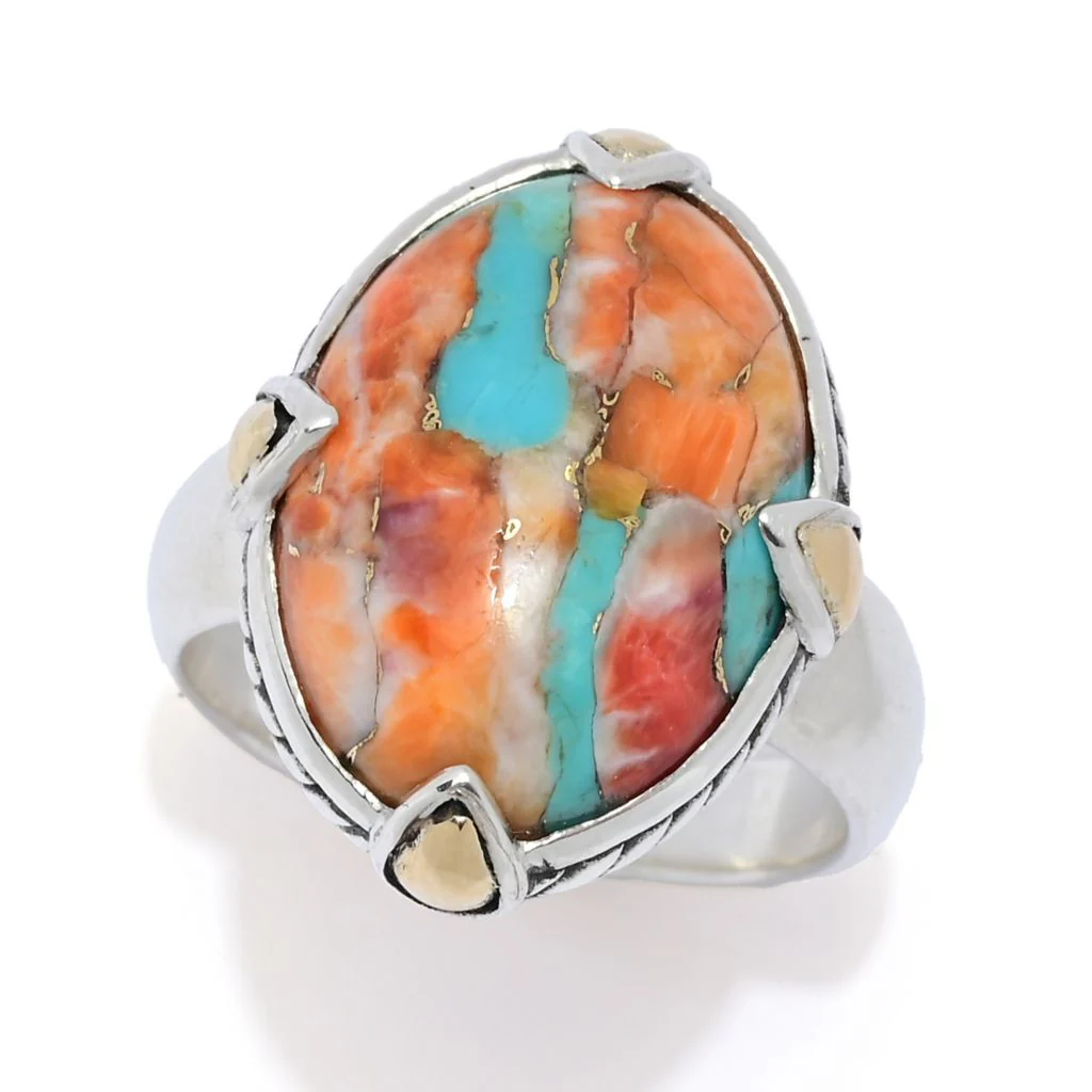 Artisan Silver by Samuel B. 18K Gold Accented Turquoise & Spiny Oyster Ring - Image 4