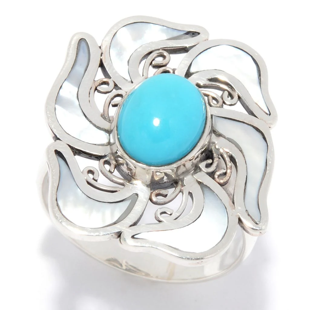 Artisan Silver by Samuel B. Sleeping Beauty Turquoise & Mother-of-Pearl Flower Ring, 5.89 grams - Image 4