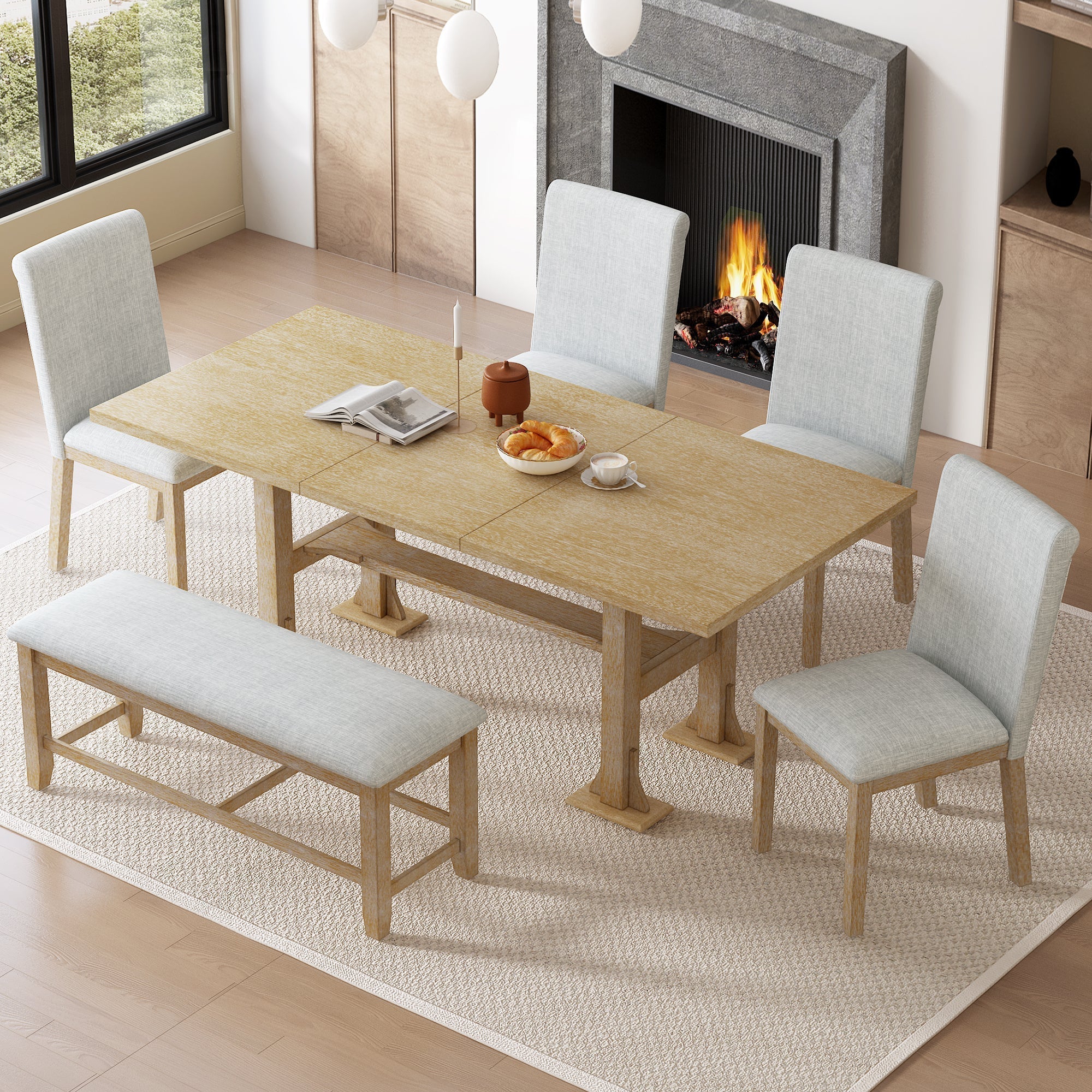 Artisanal 6-Piece Extendable Solid Wood Dining Set with Bench Seating - Image 2