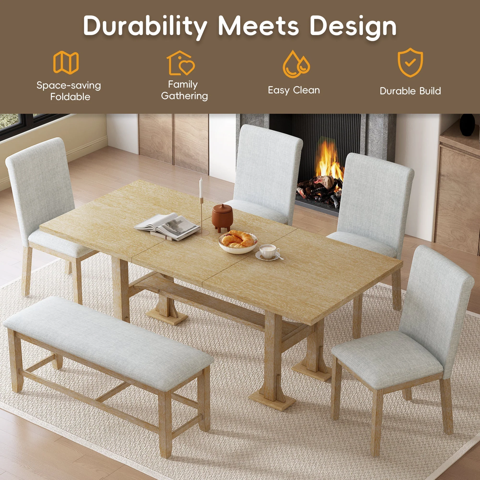 Artisanal 6-Piece Extendable Solid Wood Dining Set with Bench Seating - Image 3