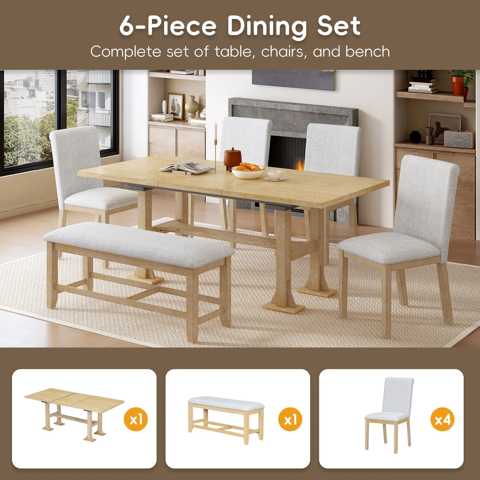 Artisanal 6-Piece Extendable Solid Wood Dining Set with Bench Seating - Image 4