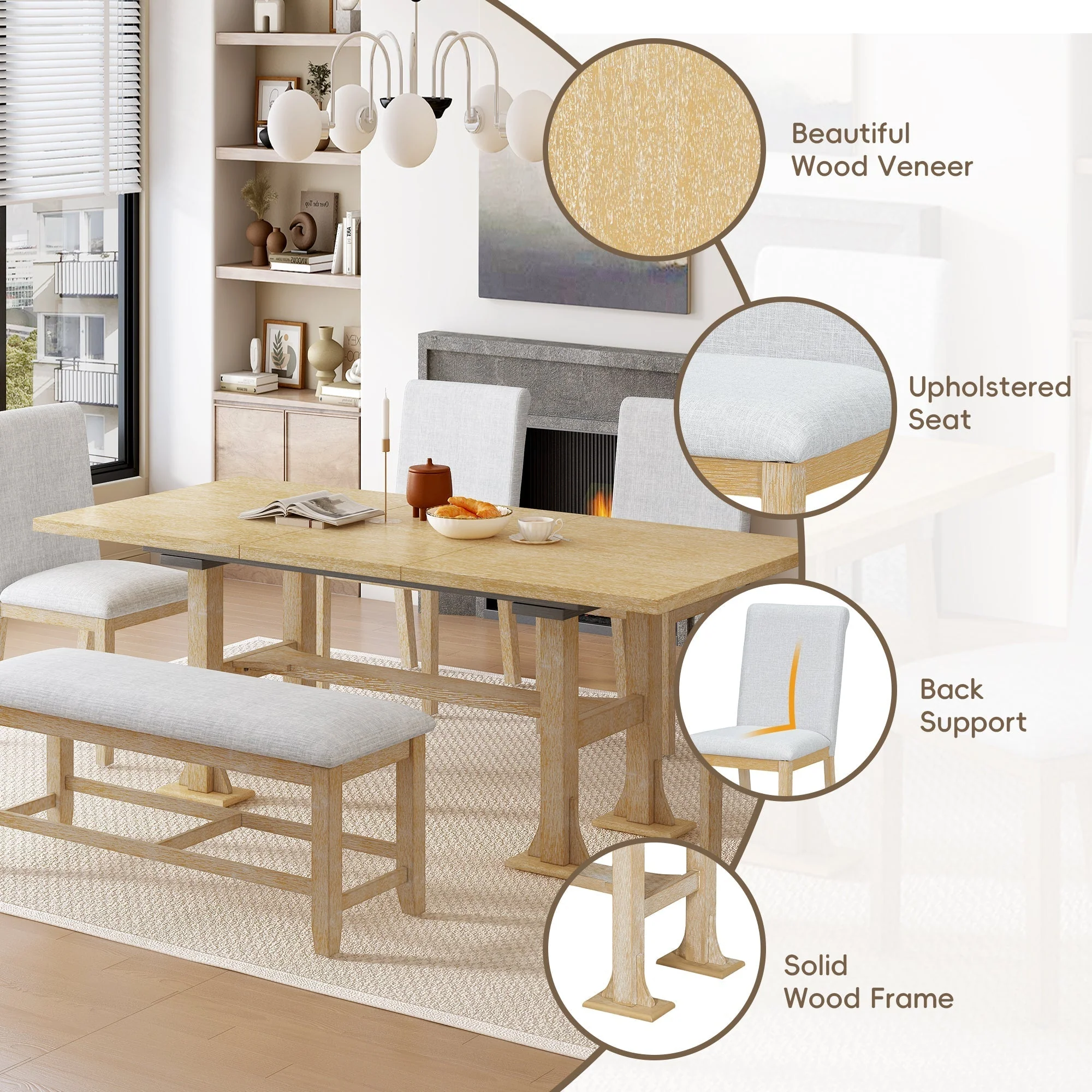 Artisanal 6-Piece Extendable Solid Wood Dining Set with Bench Seating - Image 5