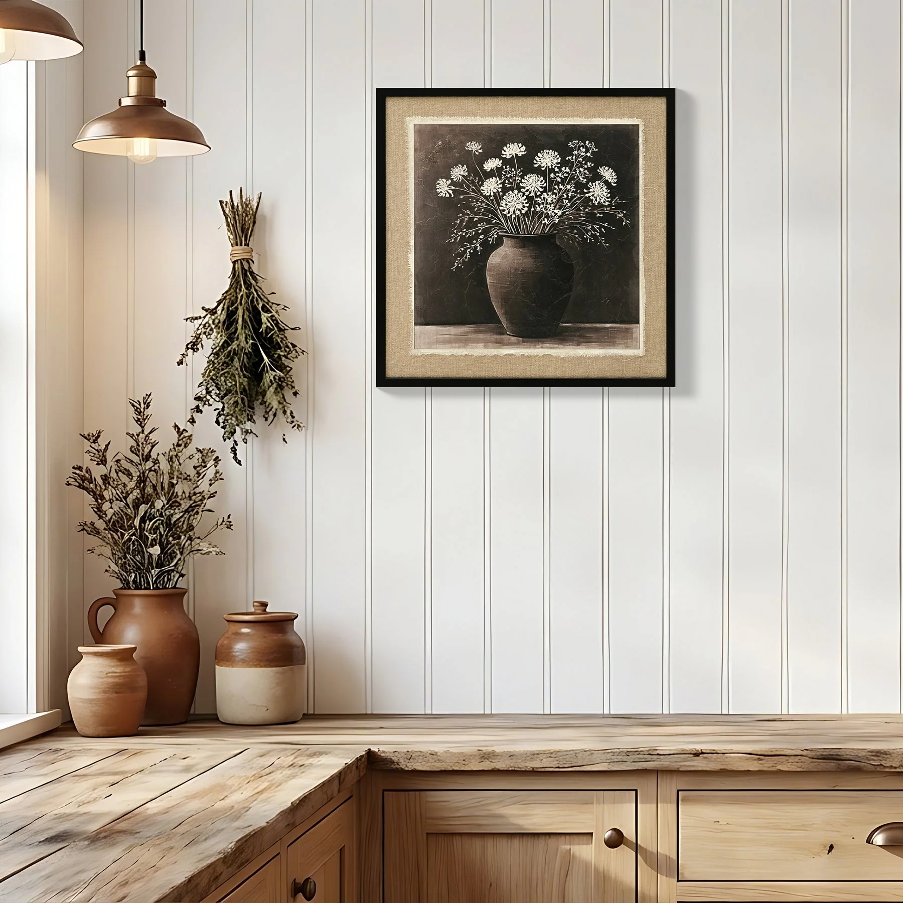 ARTISTIC PATH Abstract Flower Bouquet Wall Art: white flower in a rustic clay pot  Painting Blossom Picture Prints on Linen for Bedroom (24''W x 24''H) - Image 2