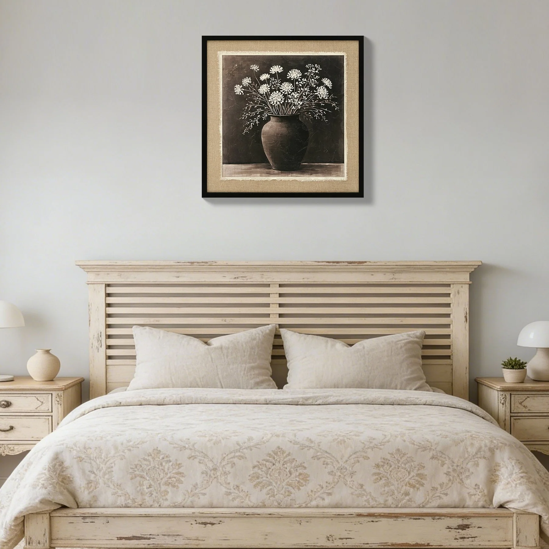 ARTISTIC PATH Abstract Flower Bouquet Wall Art: white flower in a rustic clay pot  Painting Blossom Picture Prints on Linen for Bedroom (24''W x 24''H) - Image 8