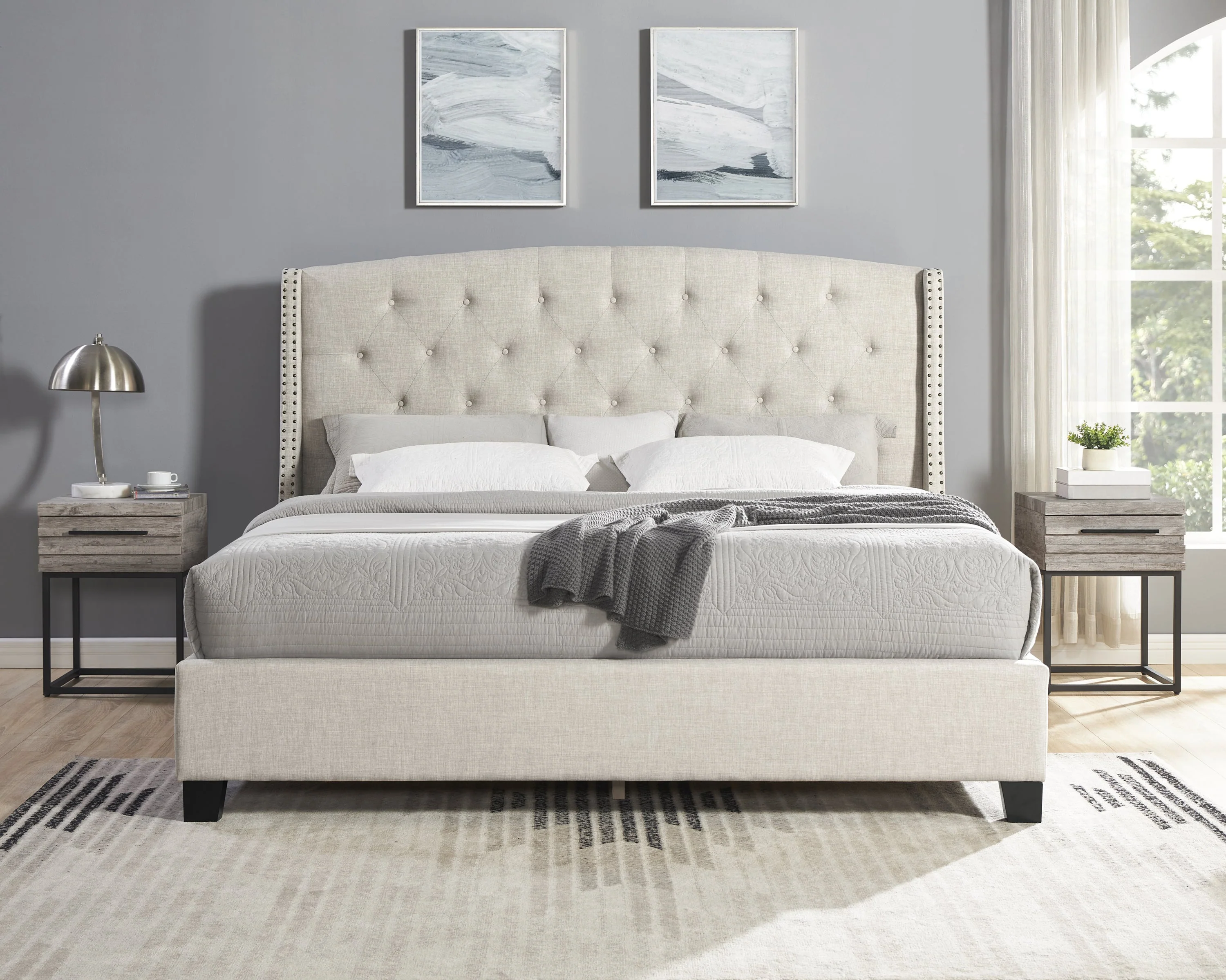 Astral 3-Piece Upholstered Bedroom Set, Tufted Wingback Bed with Two Gray Nightstands - Image 2