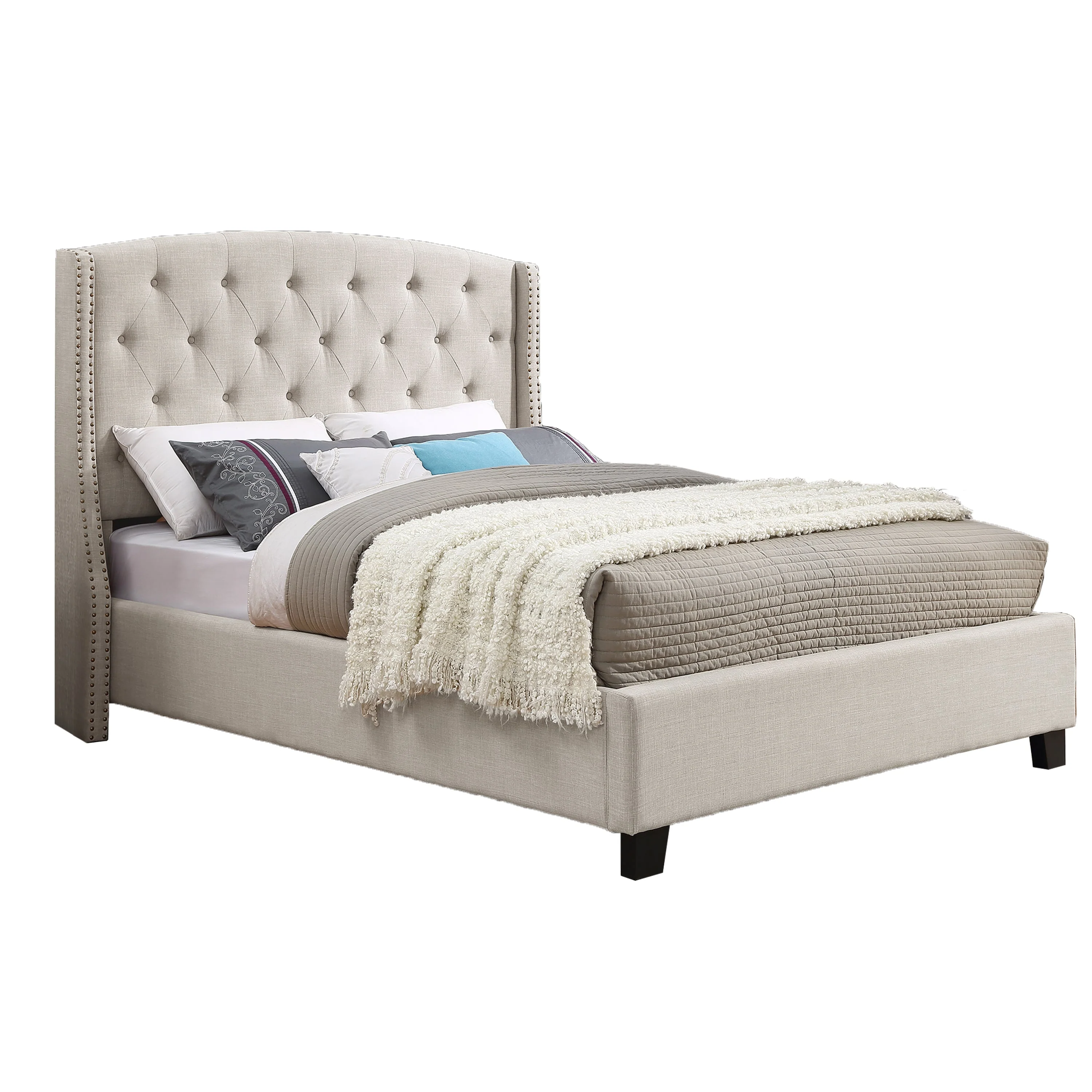 Astral 3-Piece Upholstered Bedroom Set, Tufted Wingback Bed with Two Gray Nightstands - Image 3