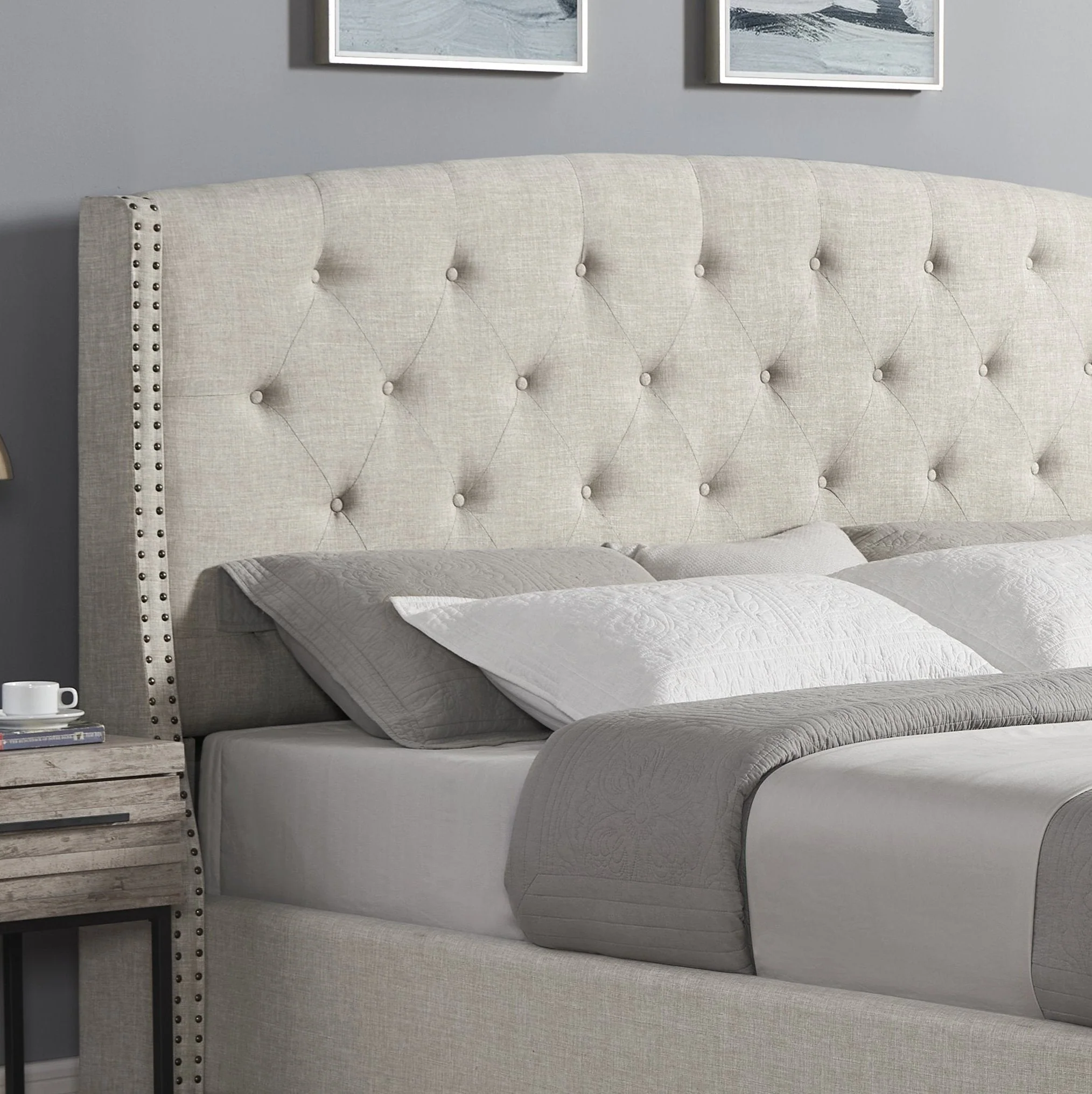 Astral 3-Piece Upholstered Bedroom Set, Tufted Wingback Bed with Two Gray Nightstands - Image 4
