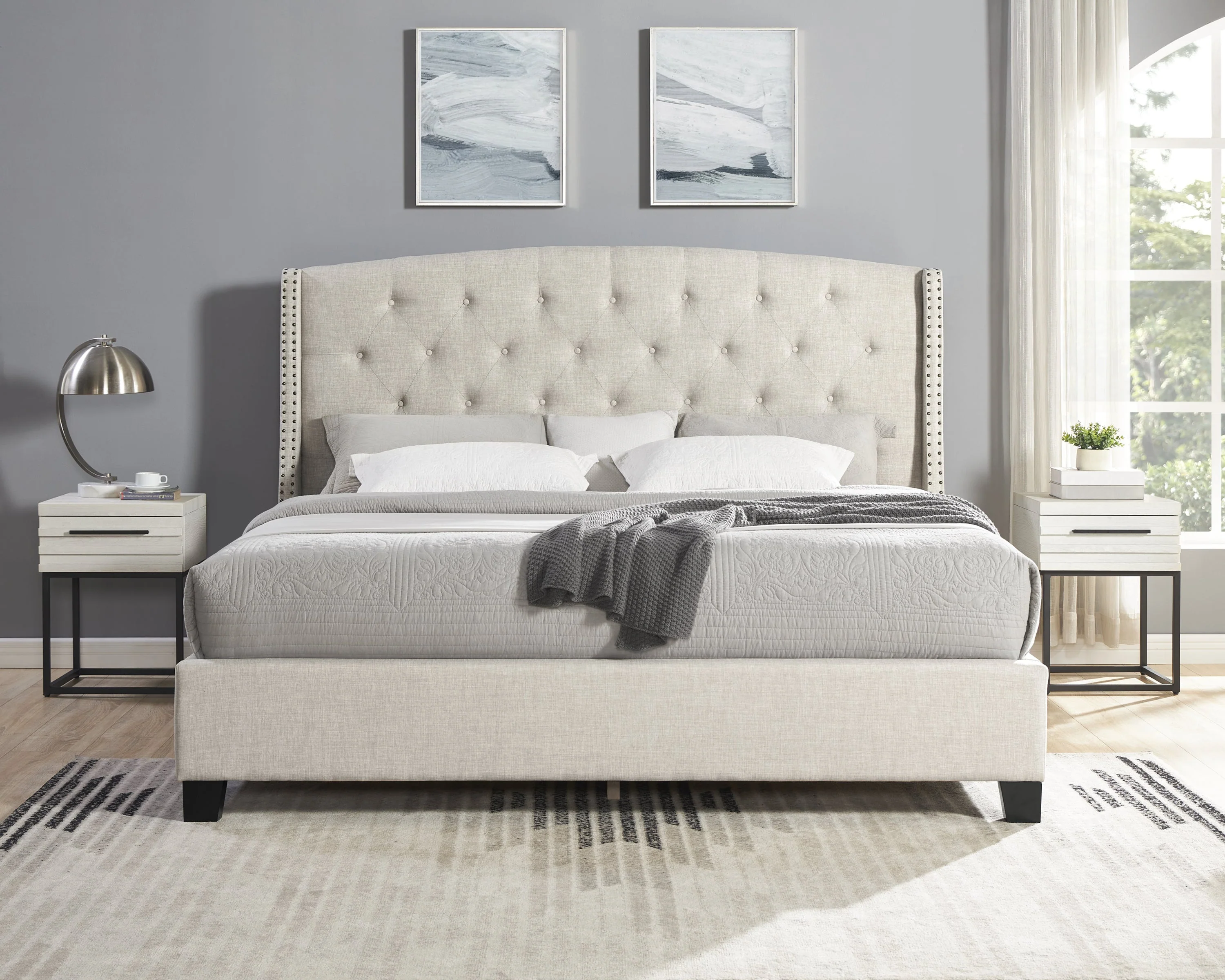 Astral 3-Piece Upholstered Bedroom Set, Tufted Wingback Bed with Two White Nightstands - Image 2