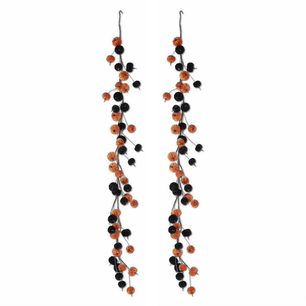 At Home w/ Jorge Parez 60" Set of 2 Black & Orange Velvet Pumpkin Garland - Image 3