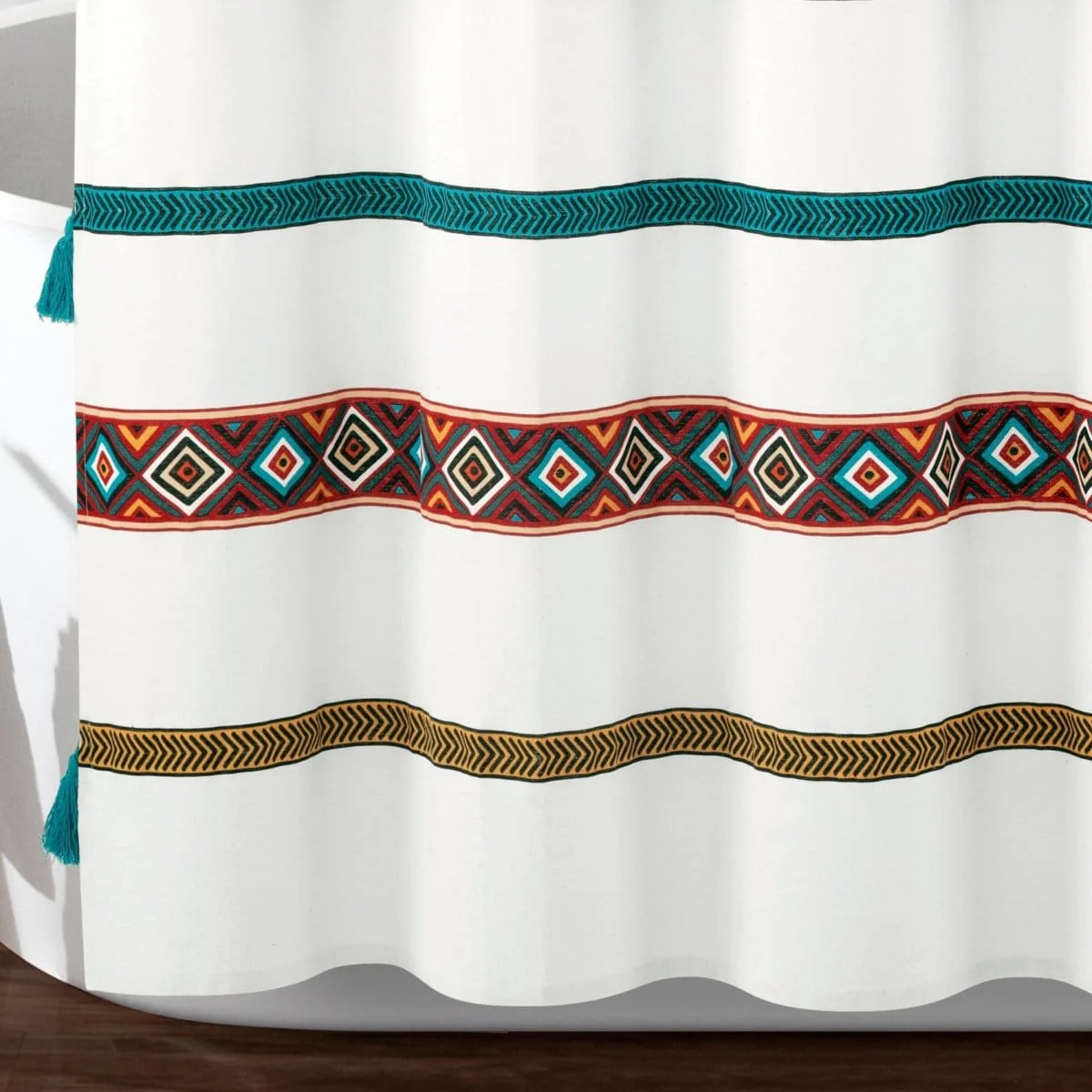 Ava Boho Stripe Tassel Yarn Dyed Recycled Cotton Shower Curtain - Image 10