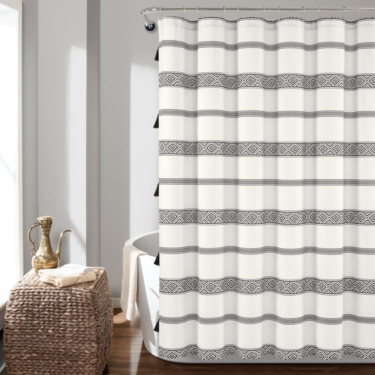 Ava Boho Stripe Tassel Yarn Dyed Recycled Cotton Shower Curtain - Image 2