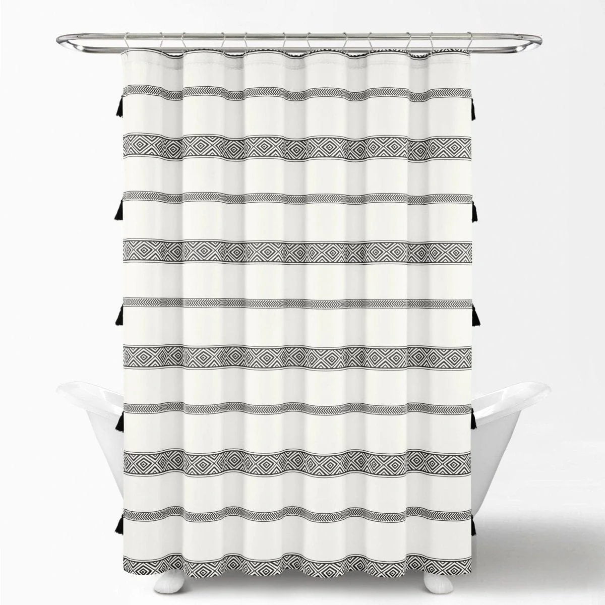 Ava Boho Stripe Tassel Yarn Dyed Recycled Cotton Shower Curtain - Image 3