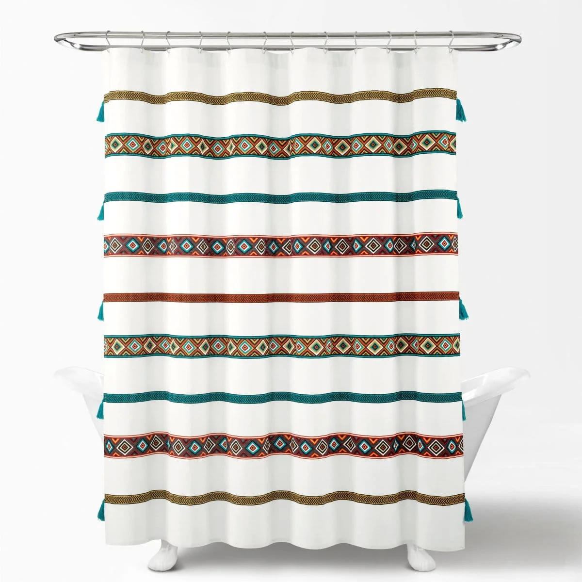 Ava Boho Stripe Tassel Yarn Dyed Recycled Cotton Shower Curtain - Image 7
