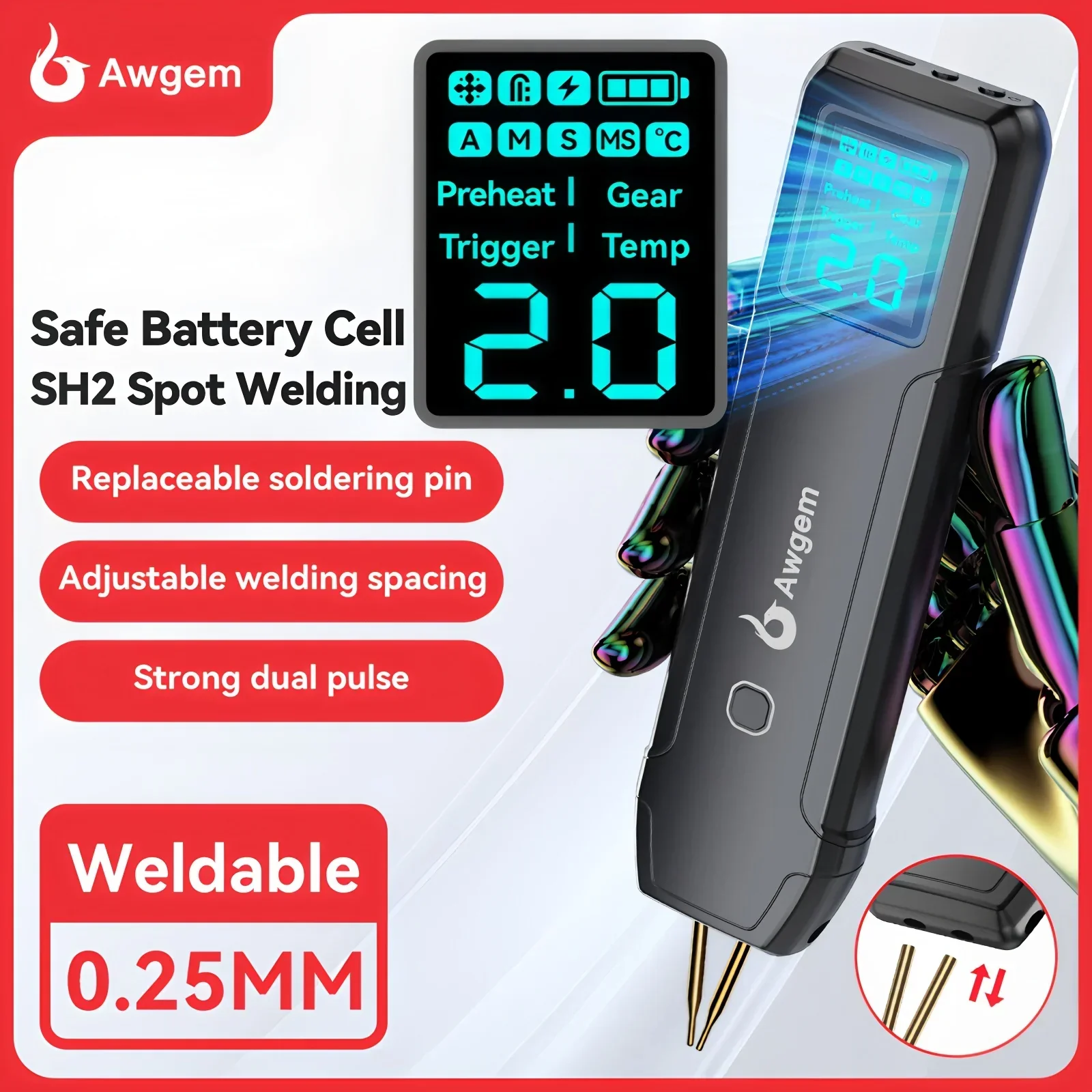 Awgem Portable Handheld Spot Welder DIY Adjustable 90 Gears for 18650 Battery - Image 2