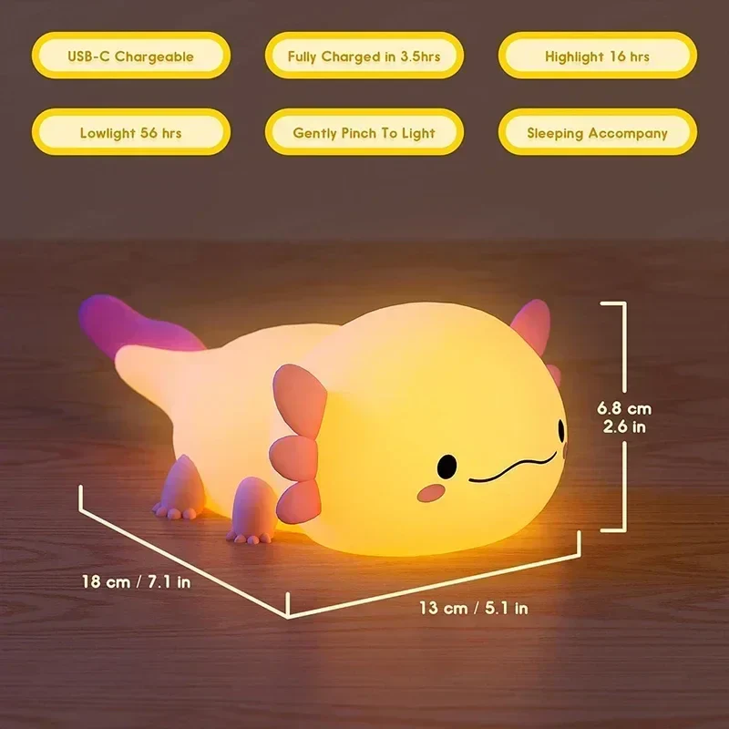Axolotl Night Light Silicone Baby Night Lamp Touch Control USB Rechargeable Nursery - Image 6