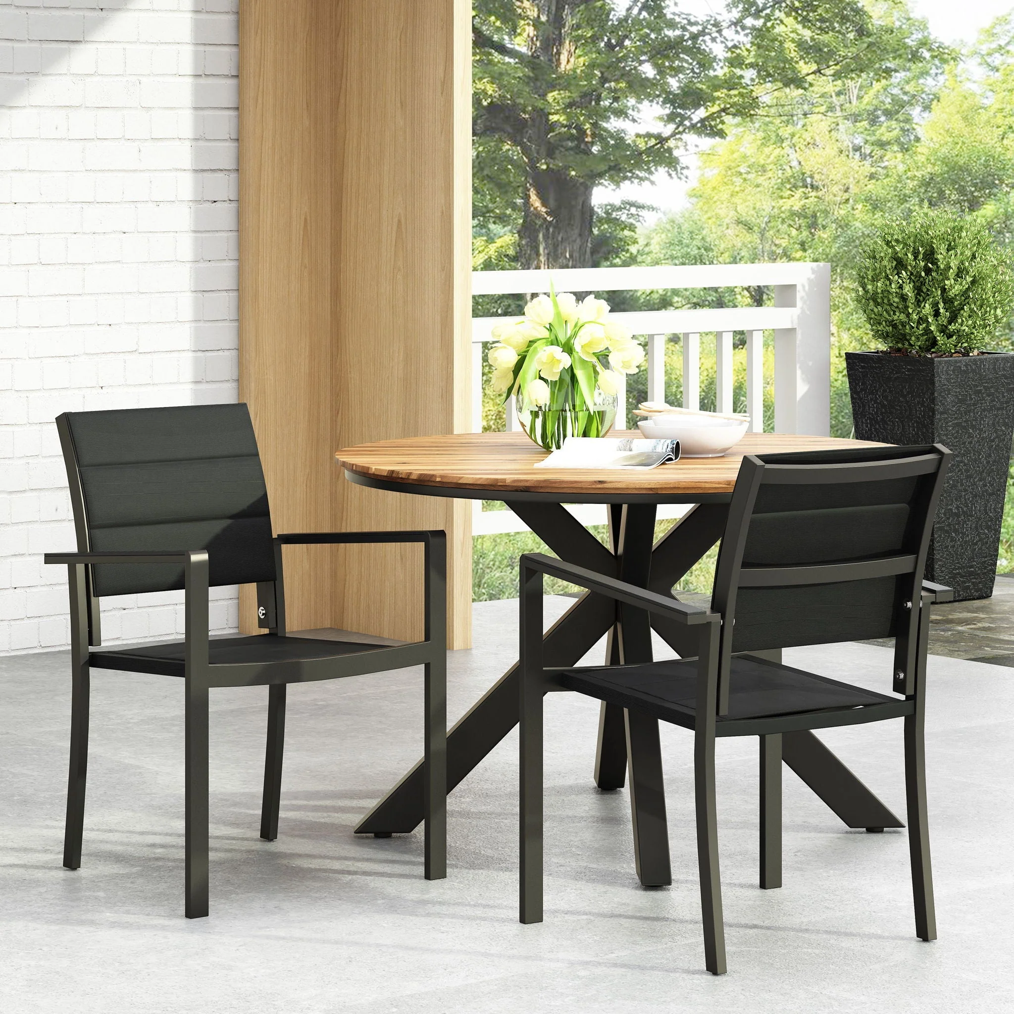 Baird Outdoor Mesh and Aluminum Dining Chairs - Black - Image 4