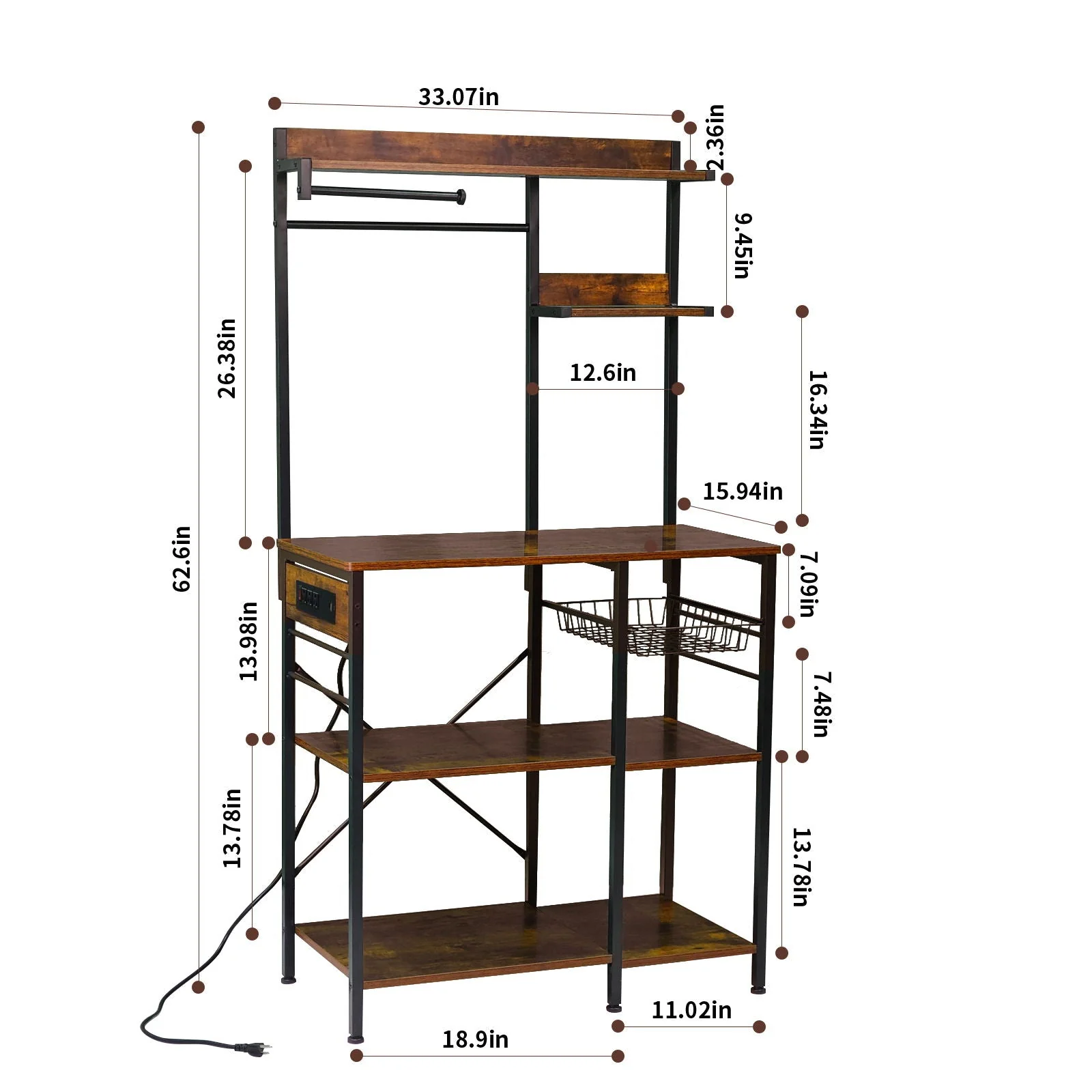 Bakers Rack With Power Outlet, Coffee Bar With S-Shaped Hooks, Kitchen Shelf With Wire Basket - Black / Brown - Image 2