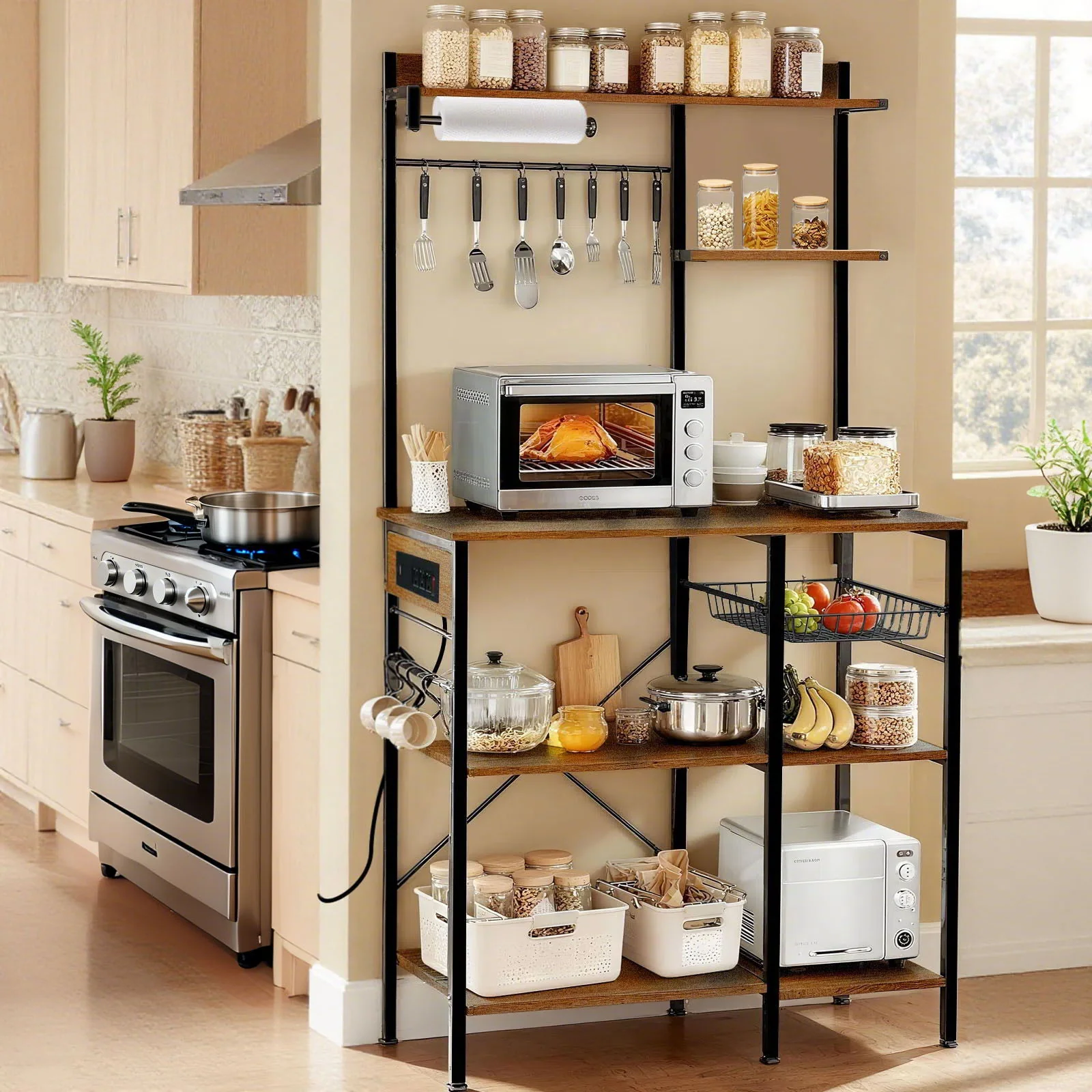 Bakers Rack With Power Outlet, Coffee Bar With S-Shaped Hooks, Kitchen Shelf With Wire Basket - Black / Brown - Image 3
