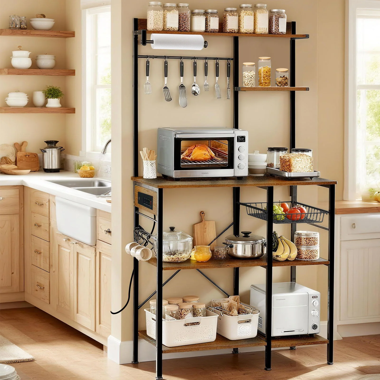 Bakers Rack With Power Outlet, Coffee Bar With S-Shaped Hooks, Kitchen Shelf With Wire Basket - Black / Brown - Image 4