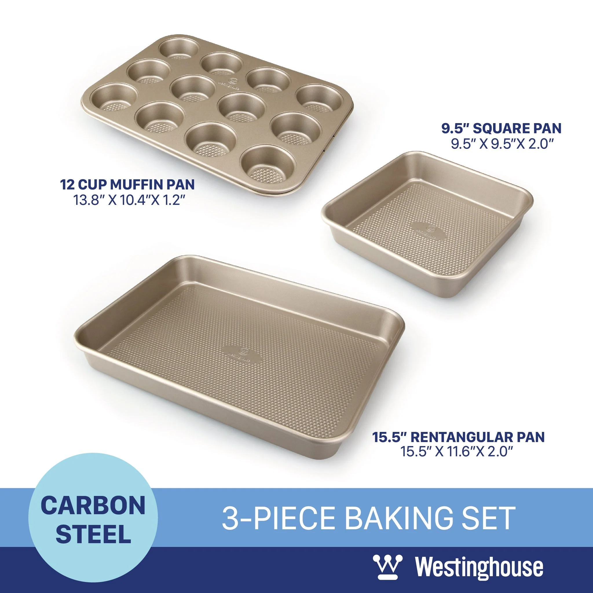 Baking Pan Set, Carbon Steel, 3-pc (Squre Pan, Muffin Pan + Rectangle Deep Tray) - Image 5
