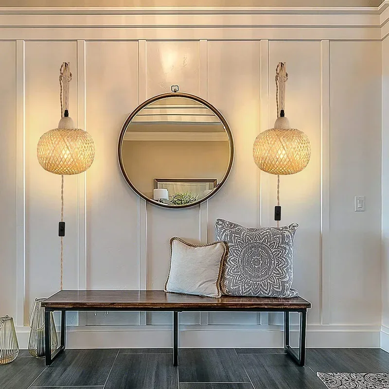 Bamboo Lantern Wall Lamp Natural Rattan Wicker E27 Chandeliers Hand-Woven Bamboo Room Decor Lampshades Wall Light Fixtures - Image 10