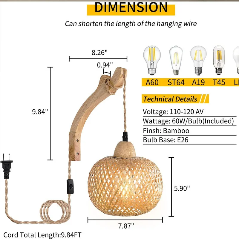 Bamboo Lantern Wall Lamp Natural Rattan Wicker E27 Chandeliers Hand-Woven Bamboo Room Decor Lampshades Wall Light Fixtures - Image 13