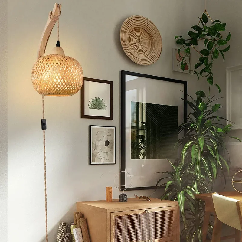 Bamboo Lantern Wall Lamp Natural Rattan Wicker E27 Chandeliers Hand-Woven Bamboo Room Decor Lampshades Wall Light Fixtures - Image 3