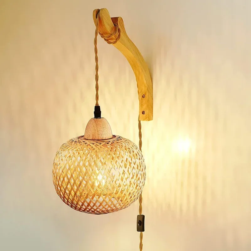 Bamboo Lantern Wall Lamp Natural Rattan Wicker E27 Chandeliers Hand-Woven Bamboo Room Decor Lampshades Wall Light Fixtures - Image 5